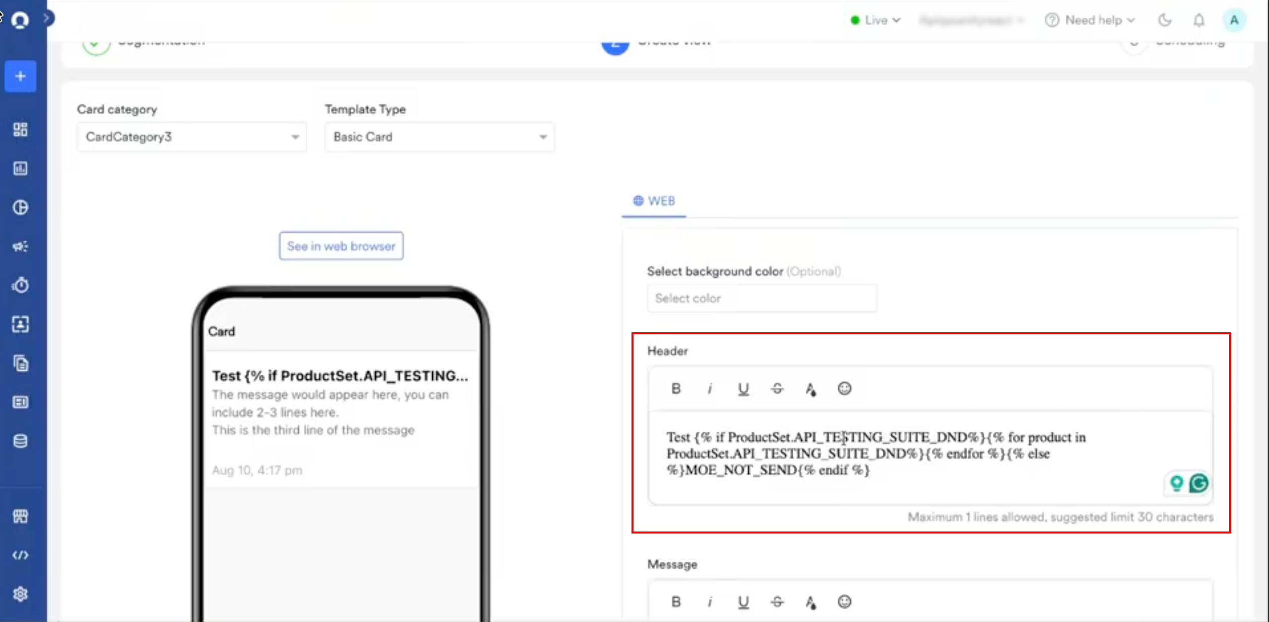 The card content editor showing the Card category, Template Type, Header, and Message fields with the card preview on the left