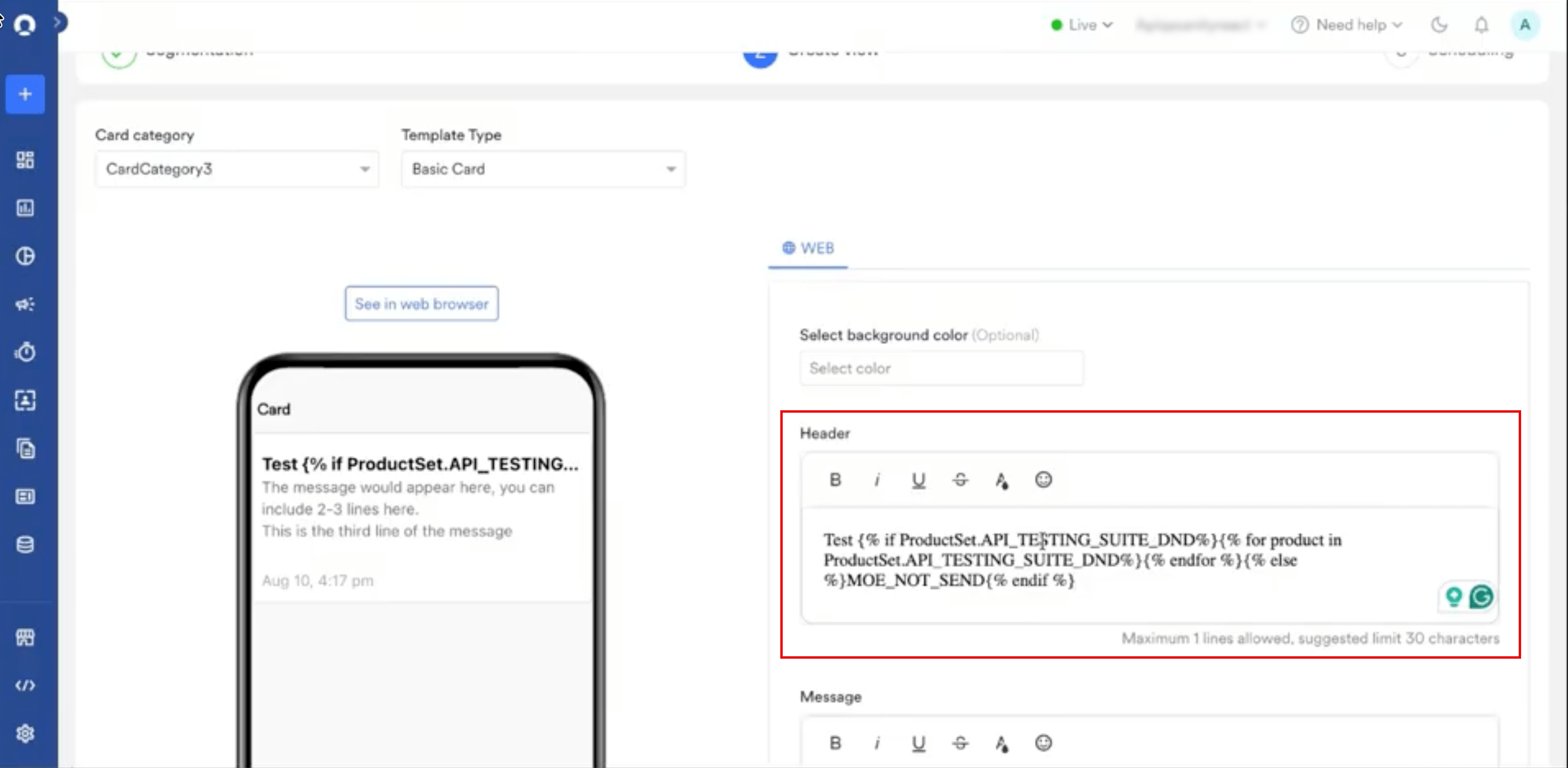 The card content editor showing the Card category, Template Type, Header, and Message fields with the card preview on the left