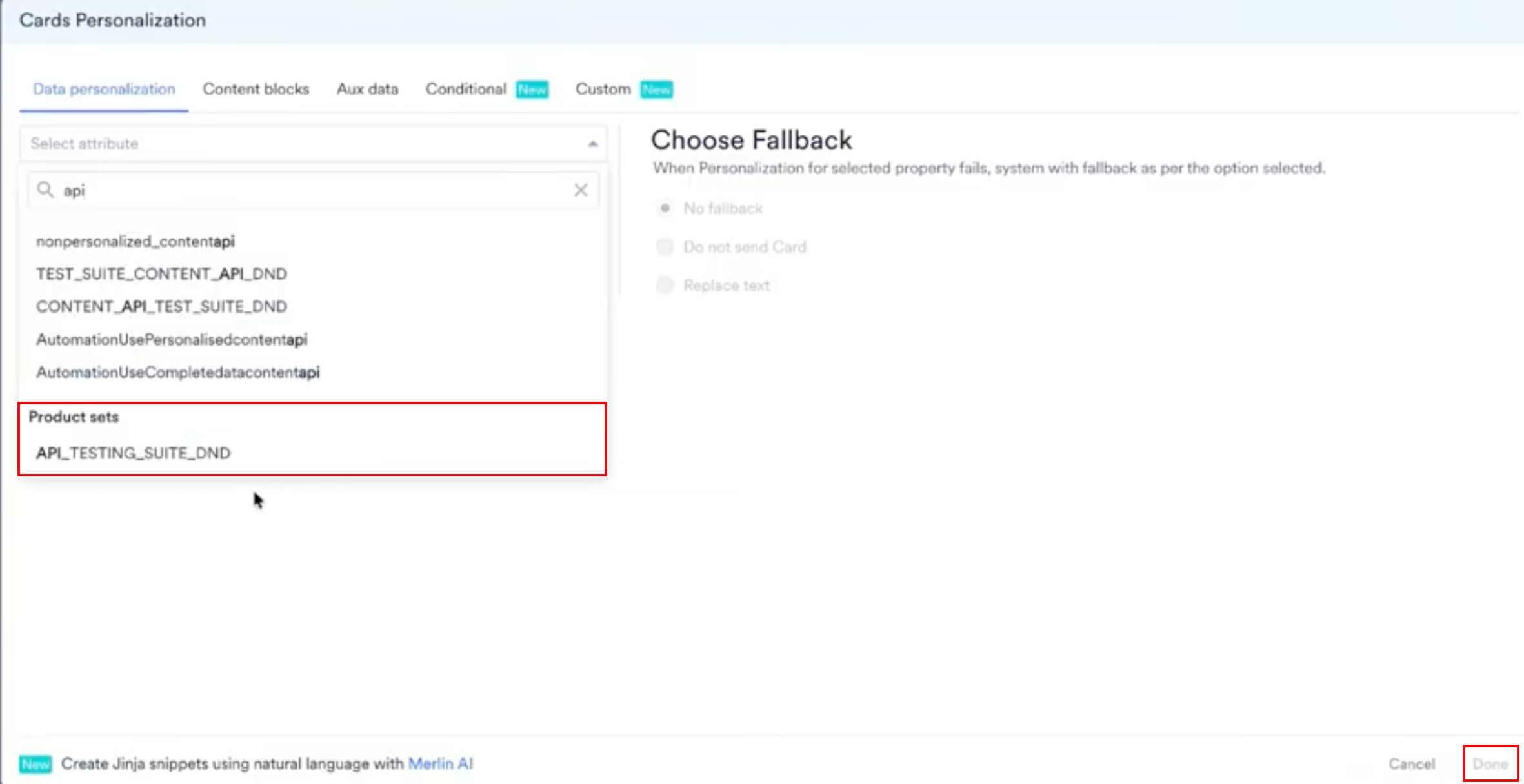 The Cards Personalization window showing the product set search results and the fallback options