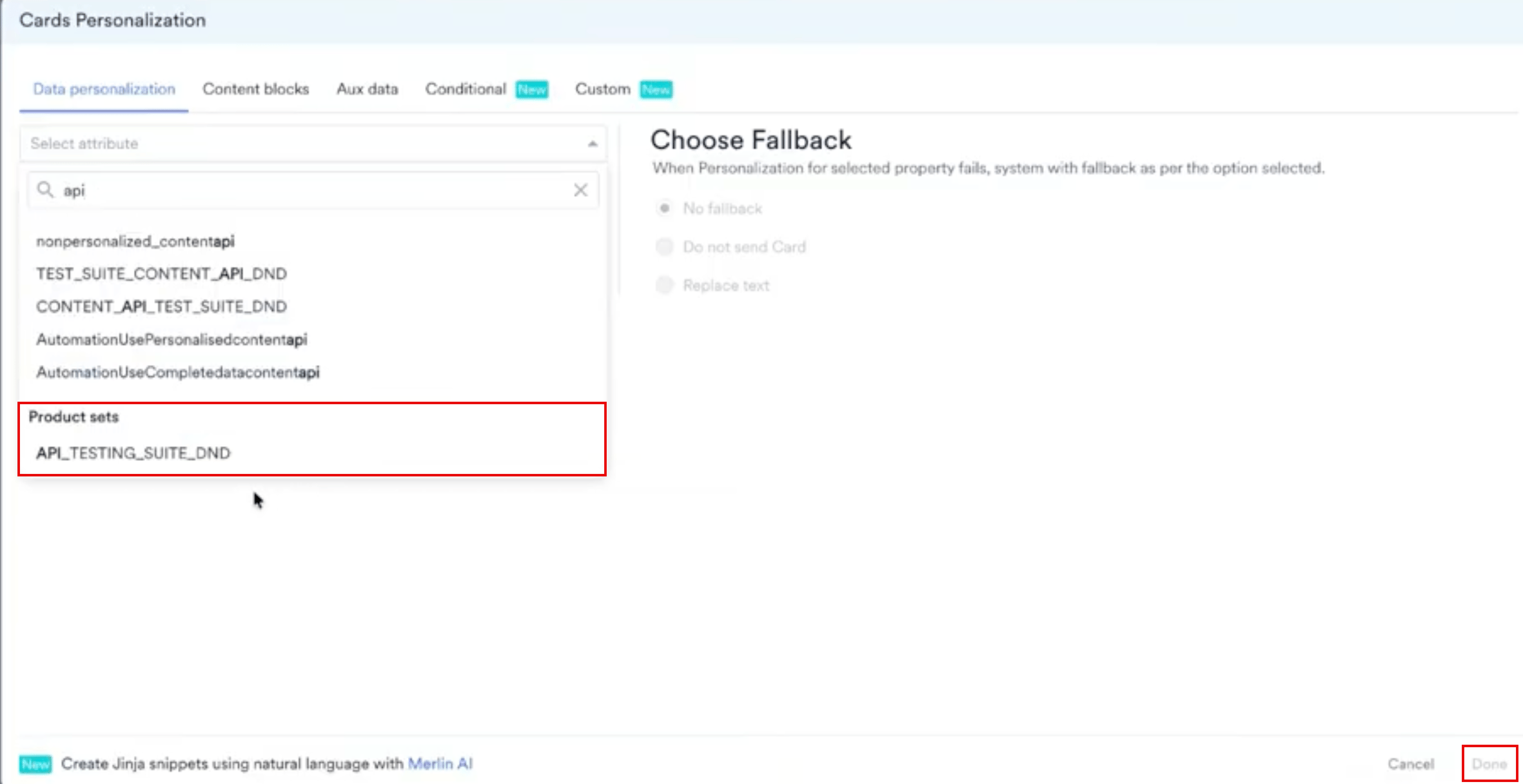 The Cards Personalization window showing the product set search results and the fallback options