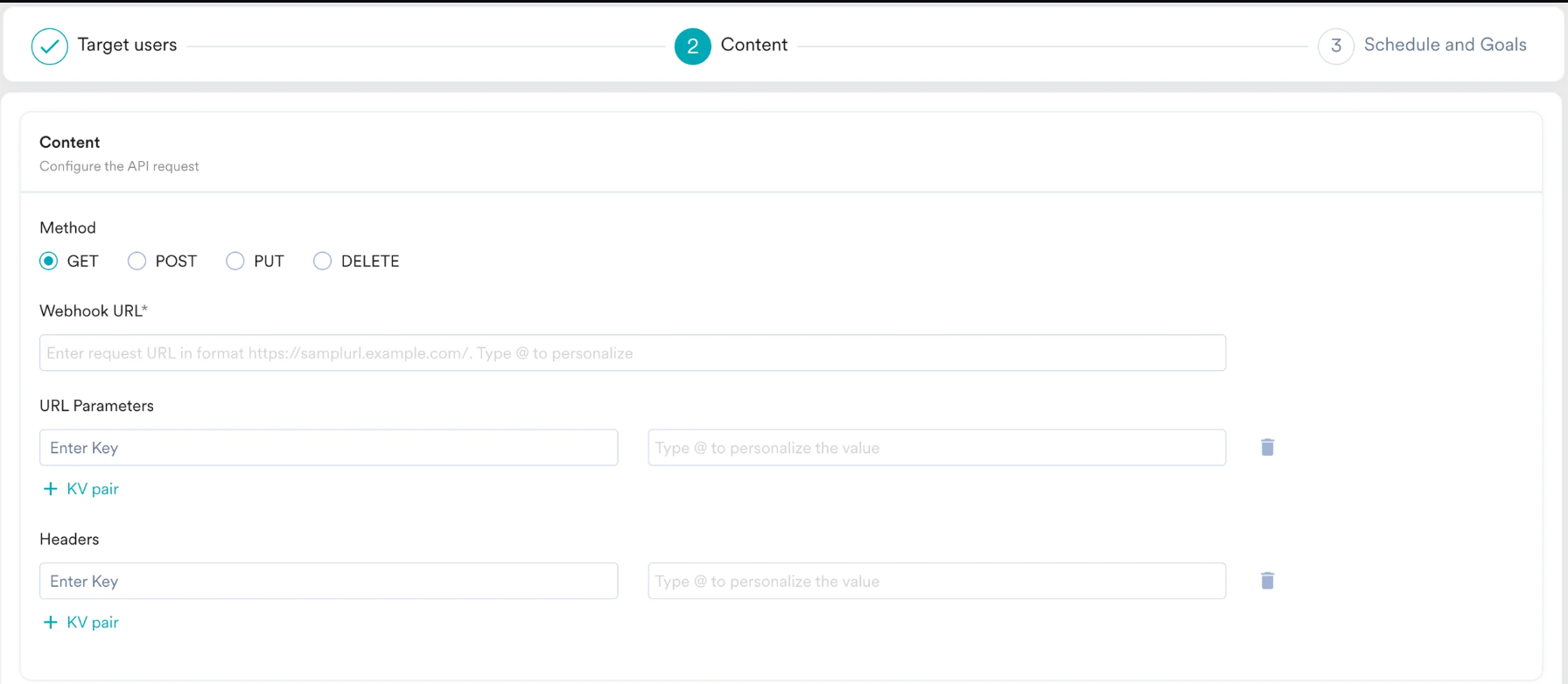 The Configure the API request section showing the method, webhook URL, URL parameters, and headers, each prompting you to type @ to personalize