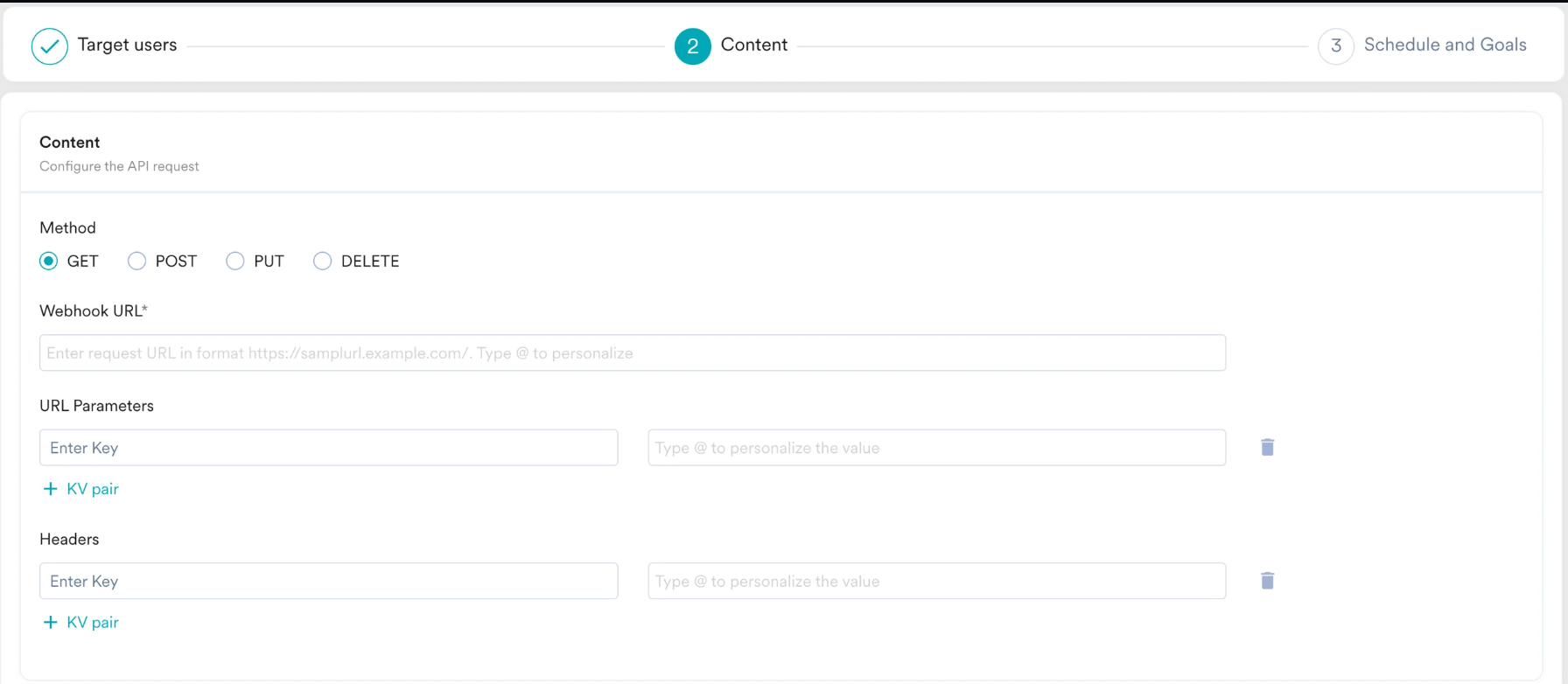 The Configure the API request section showing the method, webhook URL, URL parameters, and headers, each prompting you to type @ to personalize