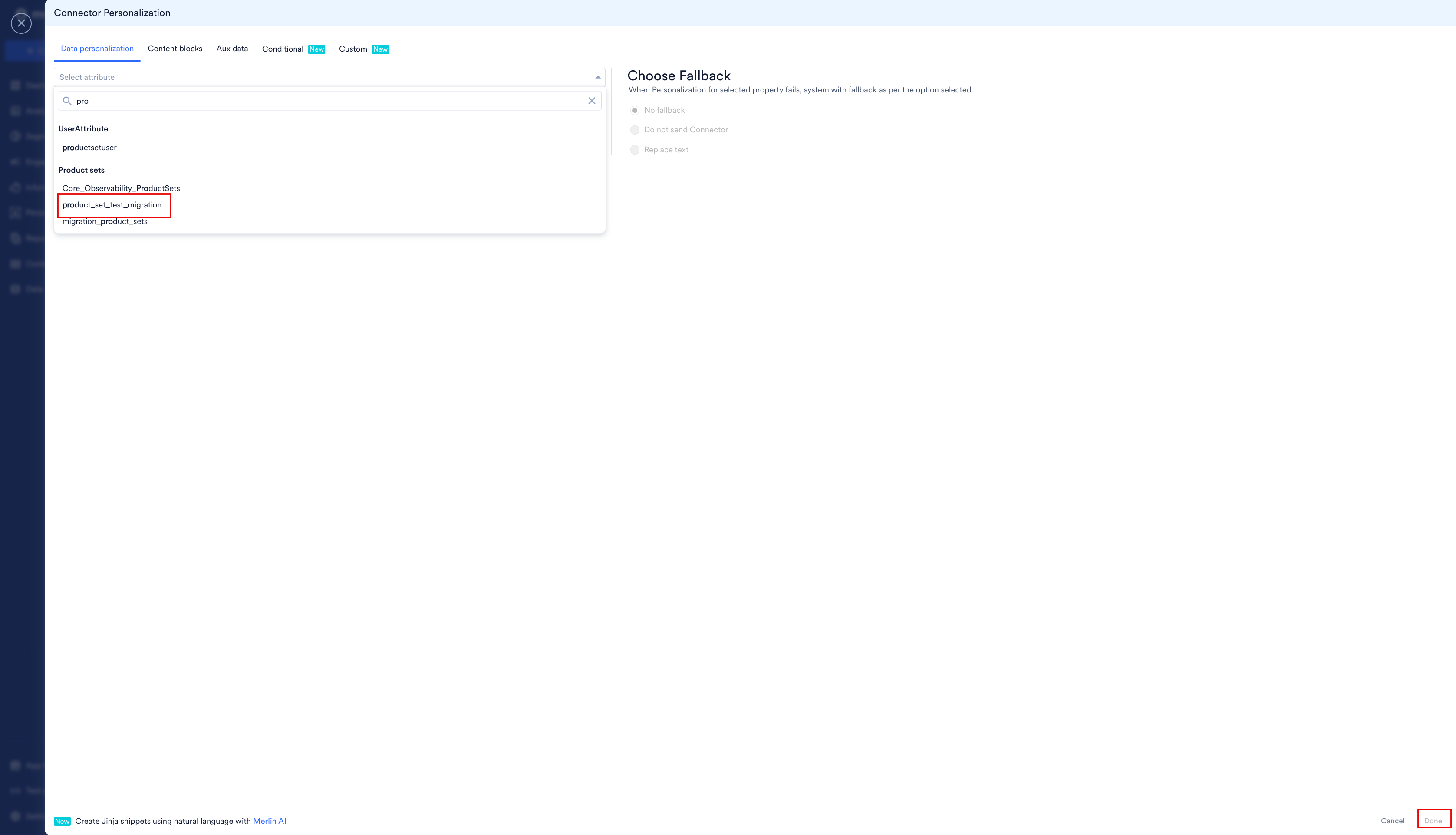 The Connector Personalization window showing the product set list and the fallback options