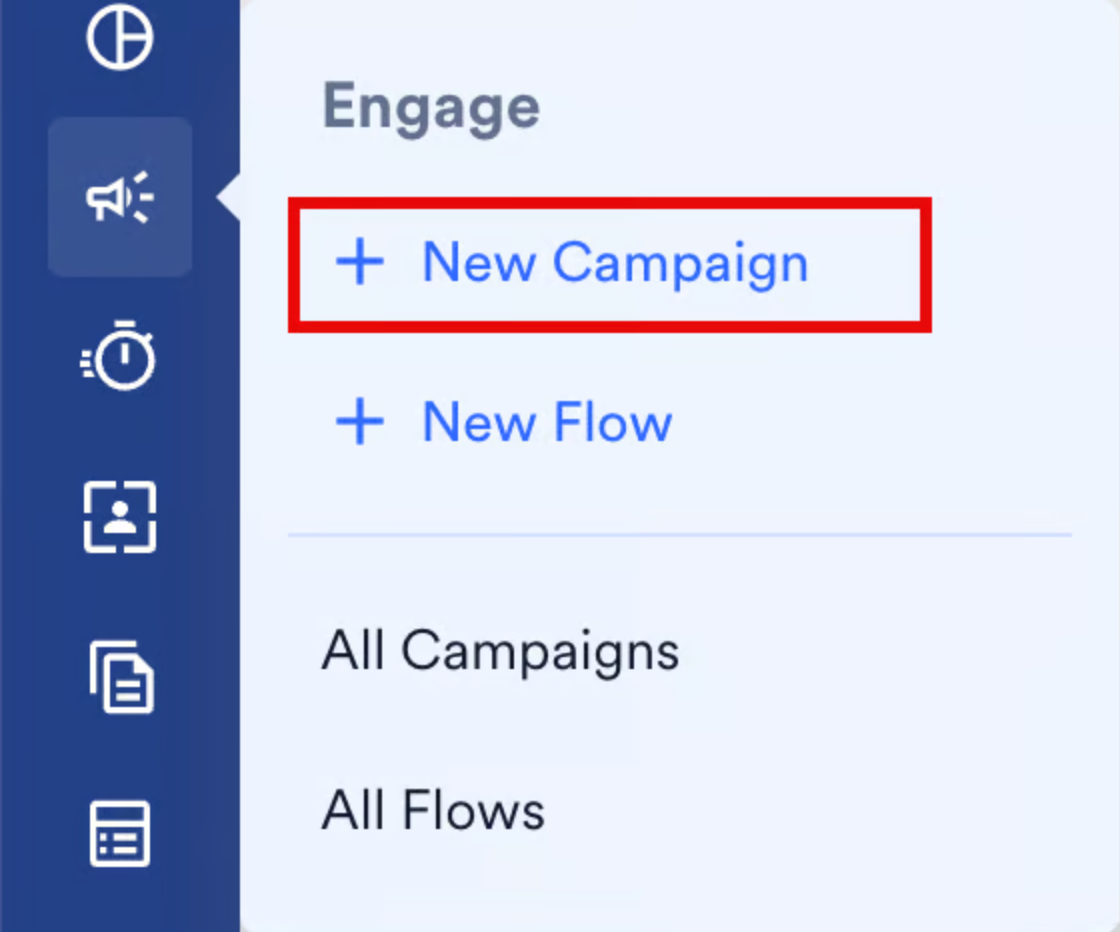 The Engage menu showing the New Campaign, New Flow, All Campaigns, and All Flows options