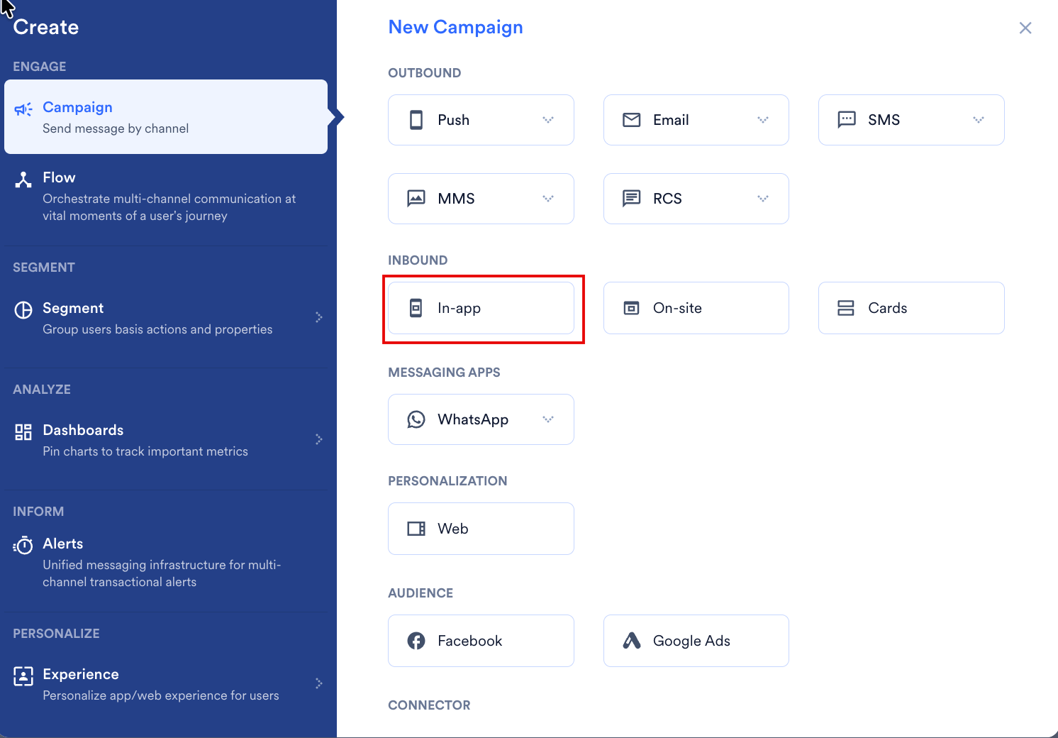 The New Campaign dialog box with channels grouped under Outbound, Inbound, Messaging Apps, Personalization, Audience, and Connector