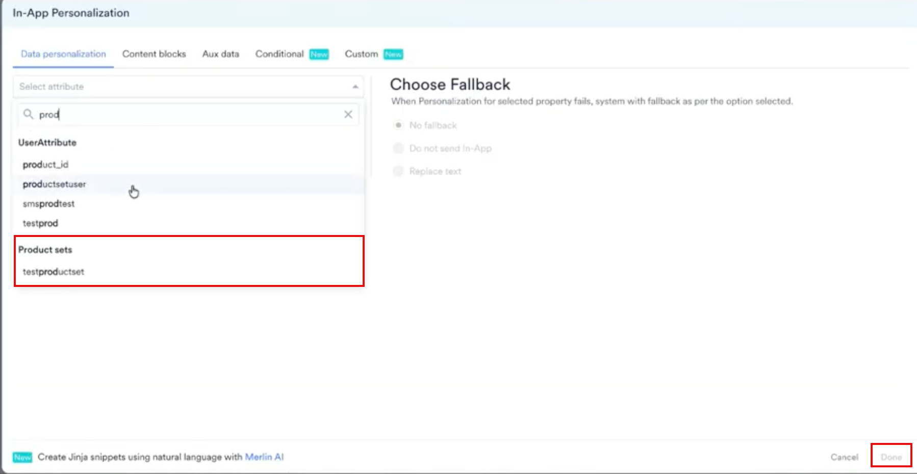 The In-App Personalization window showing the product set search results and the fallback options