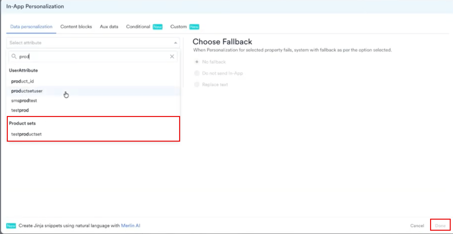 The In-App Personalization window showing the product set search results and the fallback options