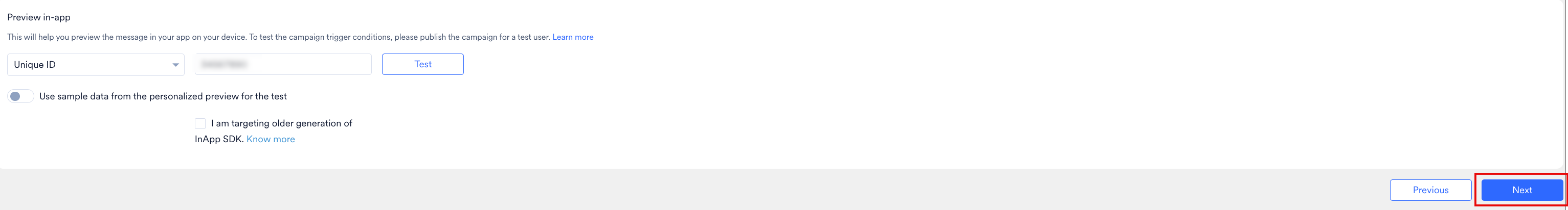 The Preview in-app window with the Unique ID box, the Test button, and the option to use sample data from the personalized preview