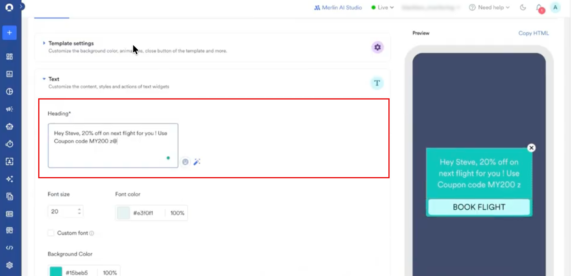 The in-app template editor with the Text section open and personalization added to the Heading field