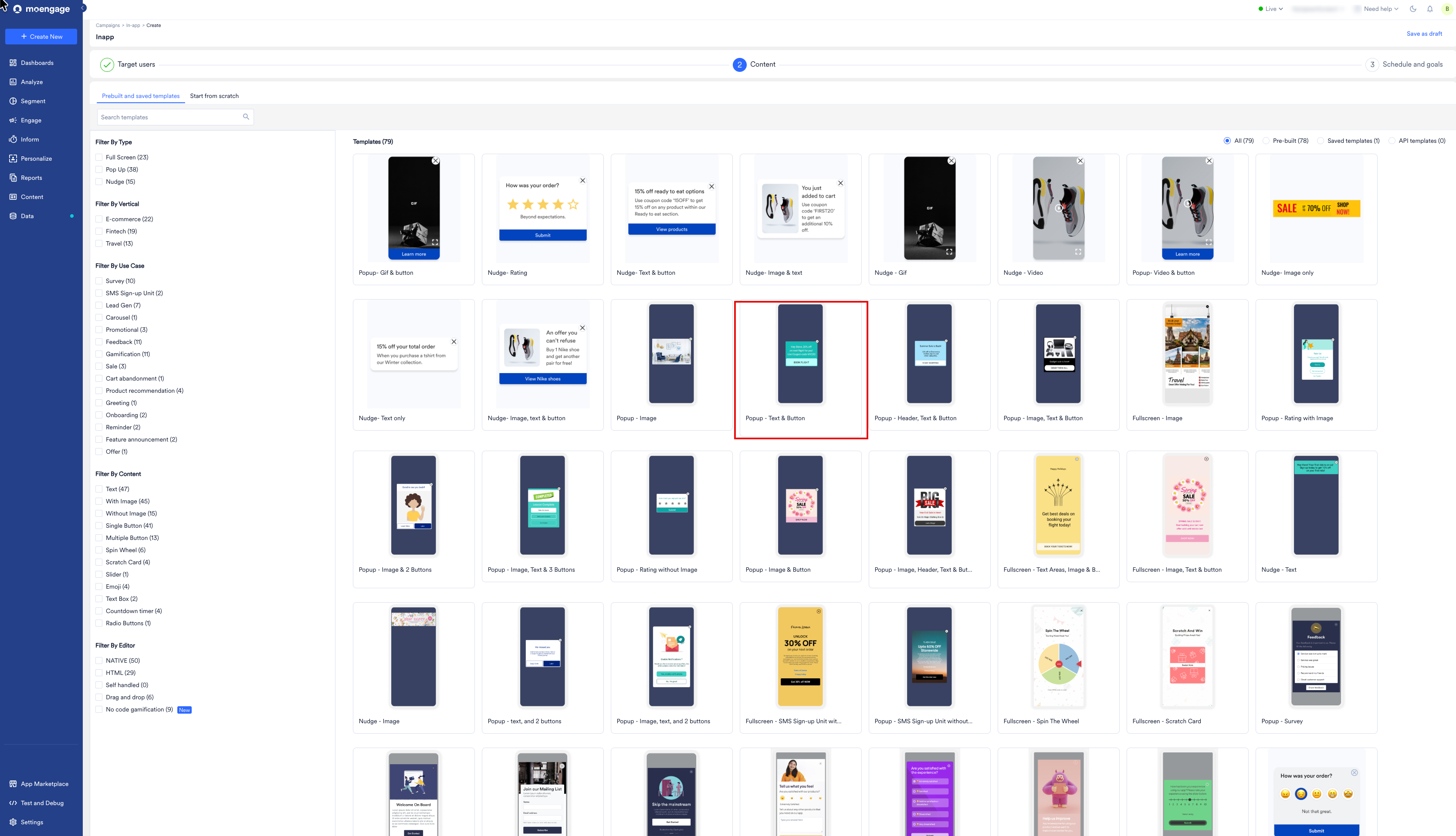 The template picker showing prebuilt and saved templates with filters for type, vertical, use case, and content