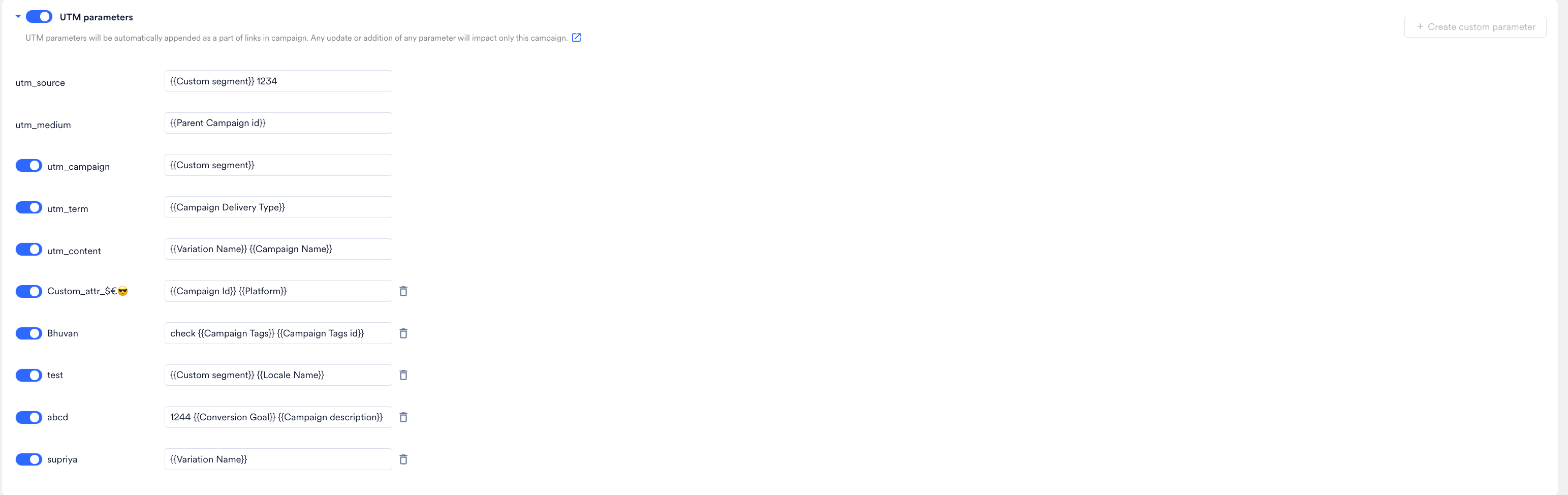 The UTM parameters section with personalized values and the Create custom parameter option