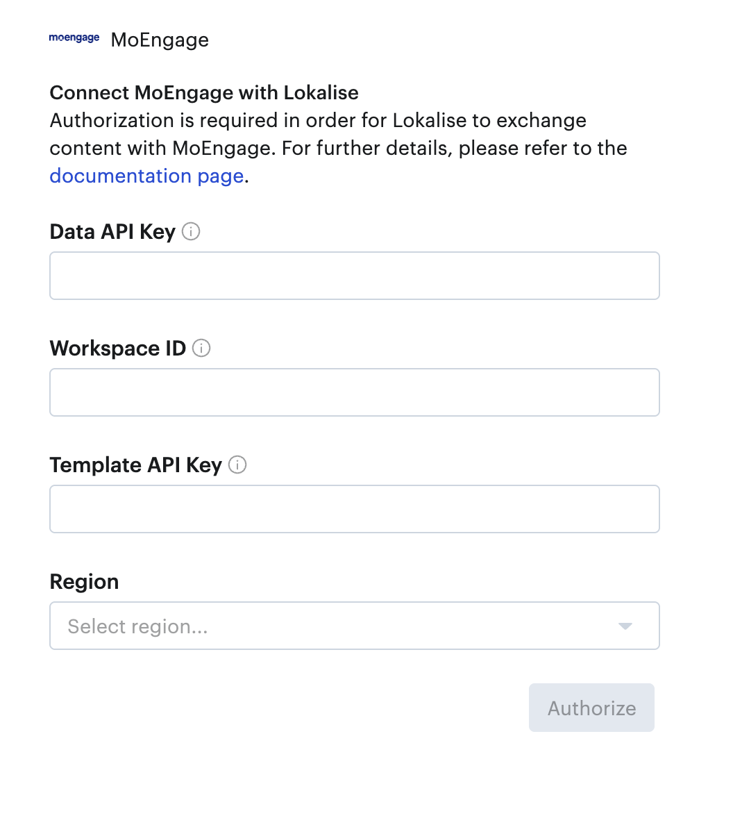 Lokalise authorization form with fields for Data API Key, Workspace ID, Template API Key, and Region