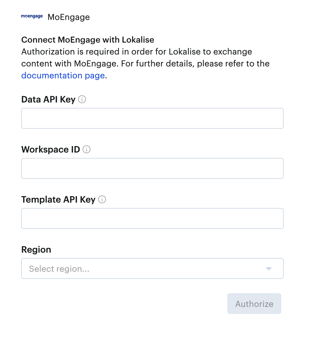 Lokalise authorization form with fields for Data API Key, Workspace ID, Template API Key, and Region