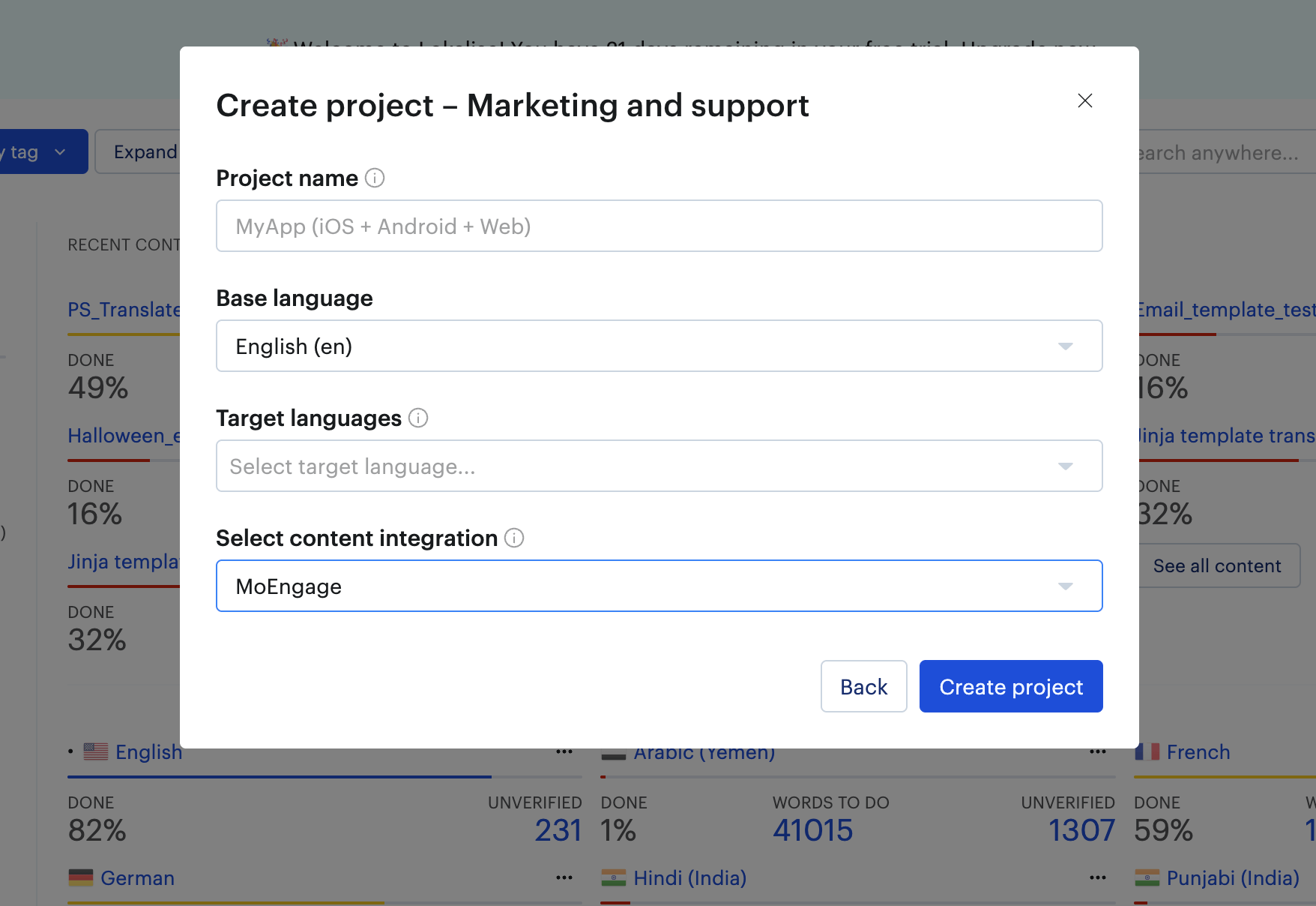 Lokalise Create project dialog showing project name, base language, target languages, and MoEngage content integration