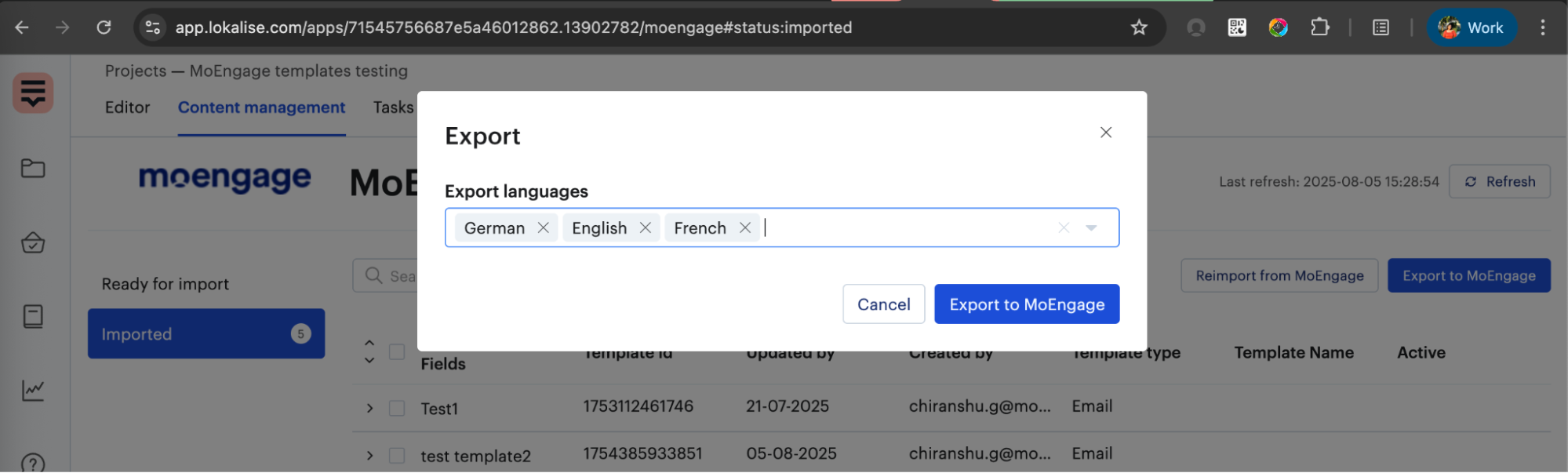 Lokalise export dialog with target languages selected and base language unchecked