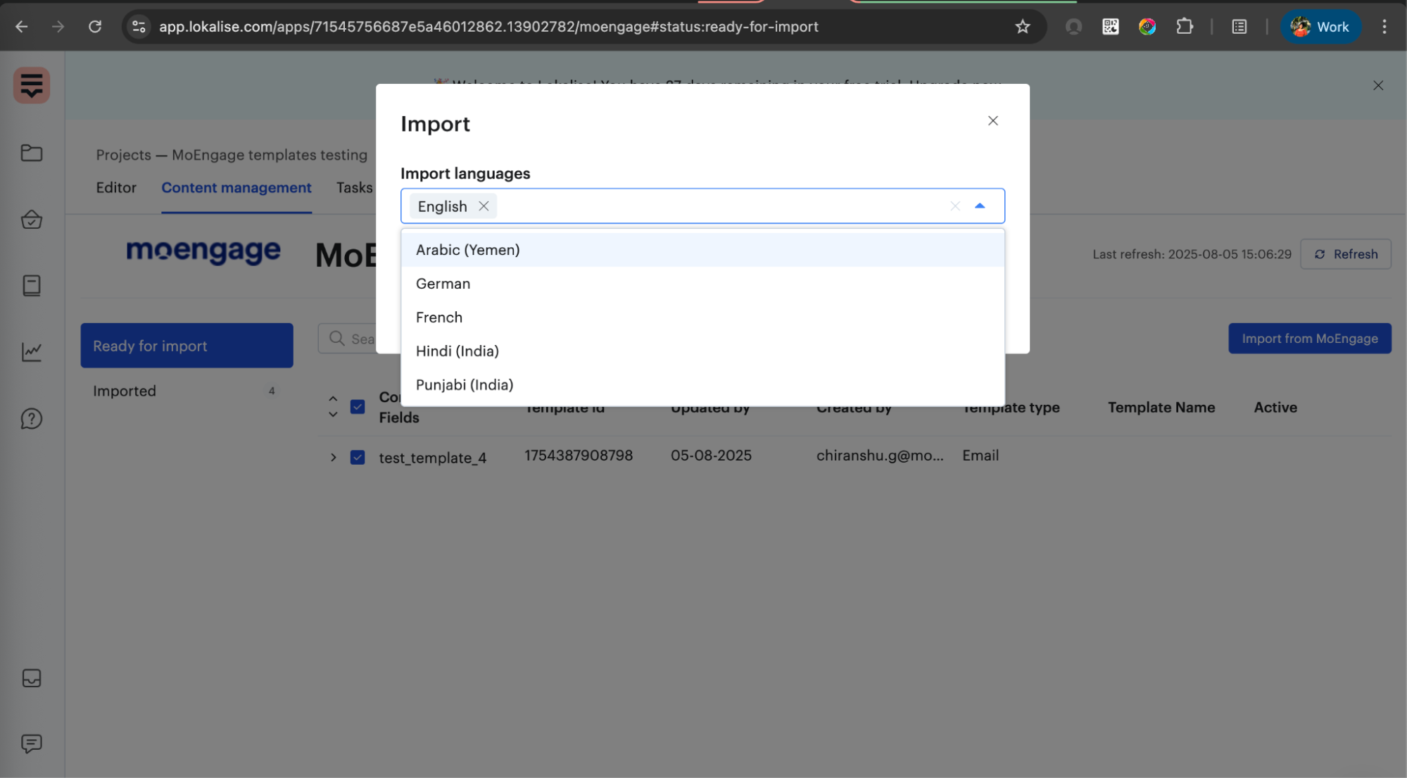 Lokalise import dialog with language selection dropdown