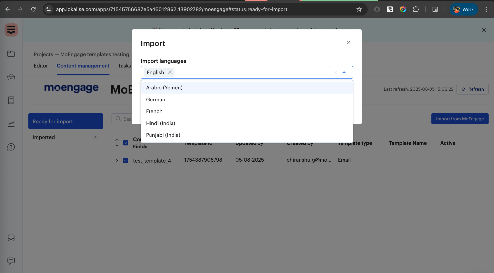 Lokalise import dialog with language selection dropdown