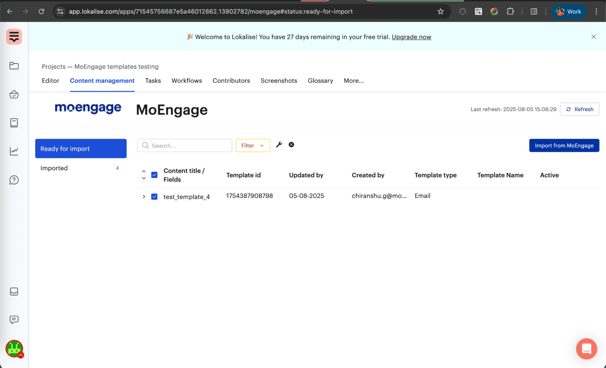 Lokalise Content management screen showing the Ready for import tab with synced templates