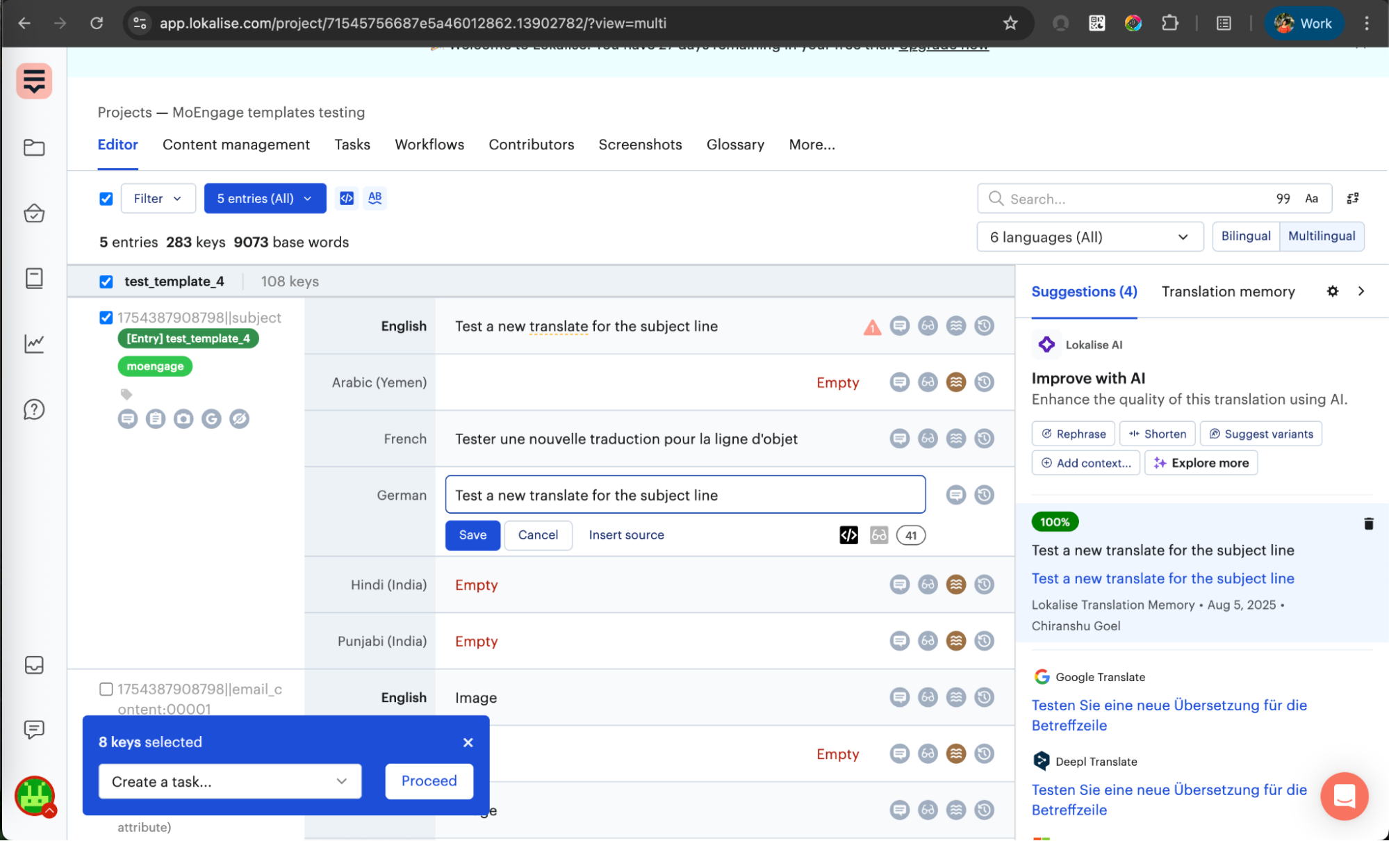 Lokalise Editor showing translation entry with translation memory suggestions