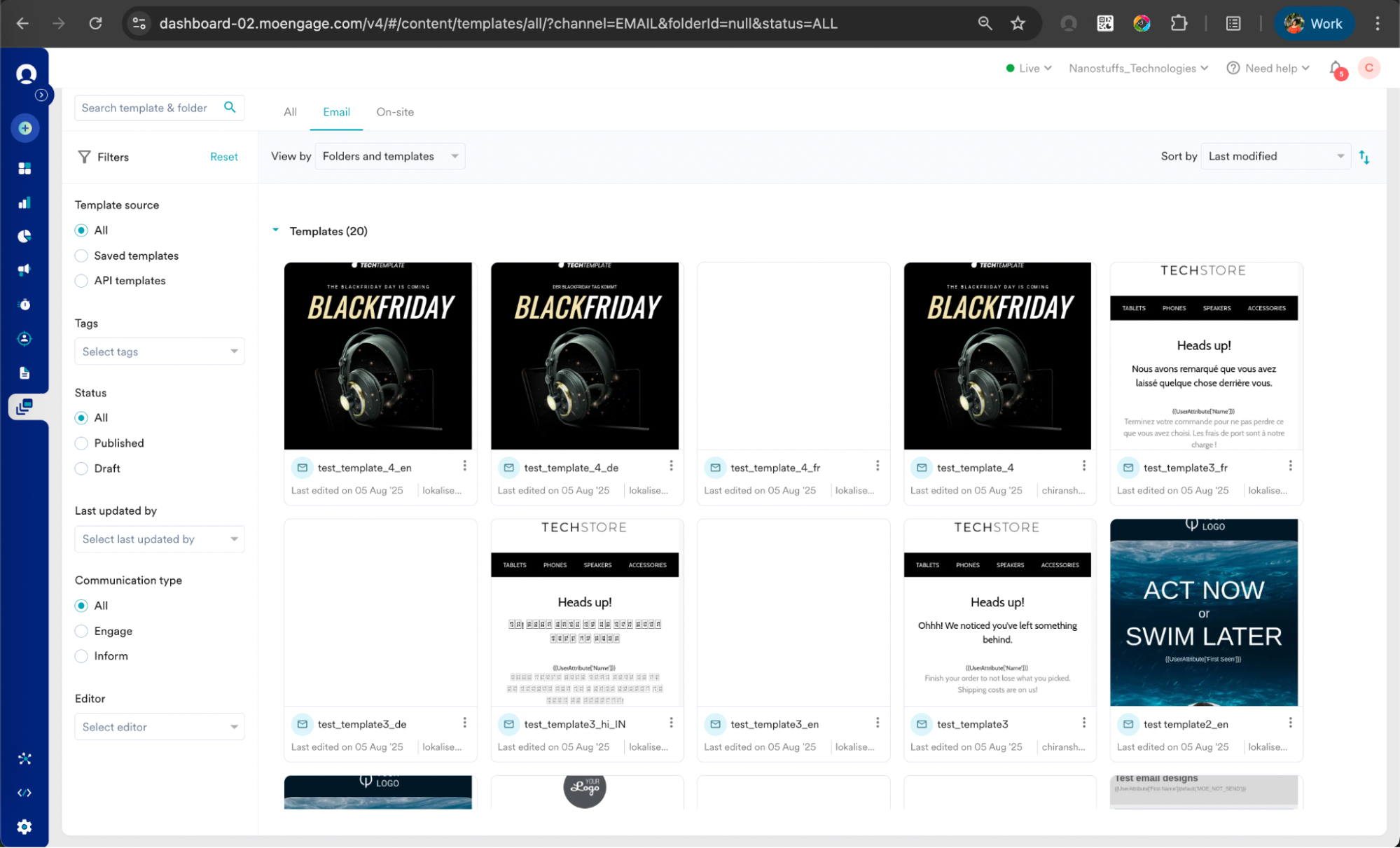 MoEngage template library showing auto-generated language-variant templates
