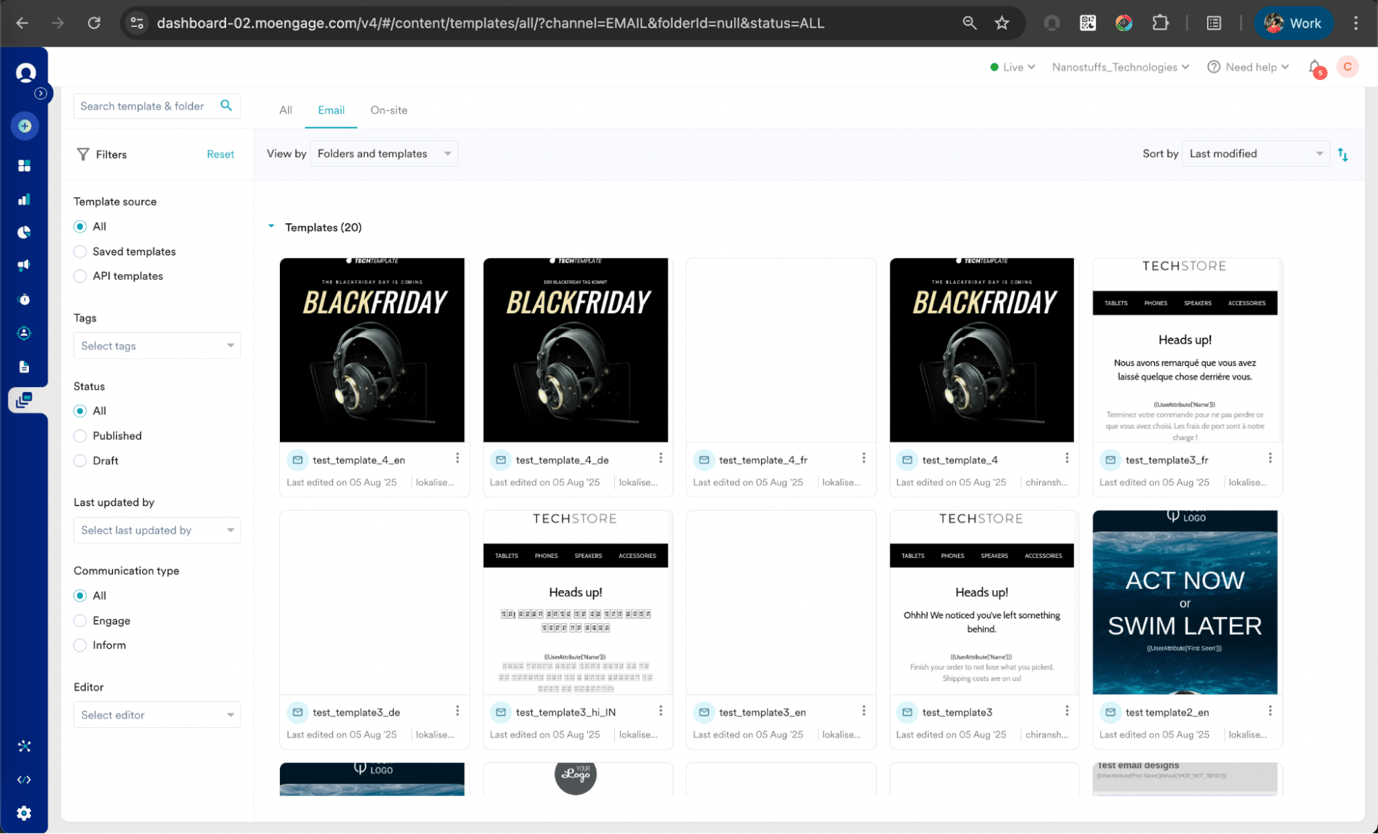 MoEngage template library showing auto-generated language-variant templates