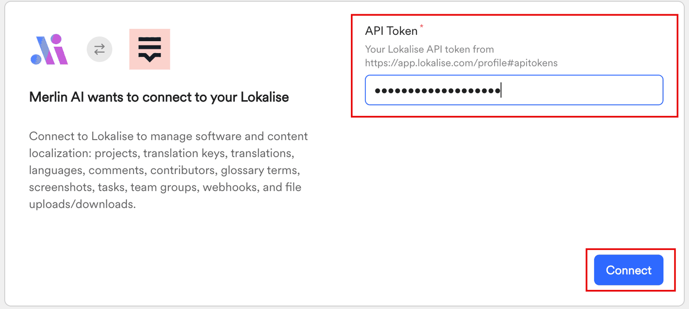 Page asking for a Lokalise API token with the field and the Connect button highlighted