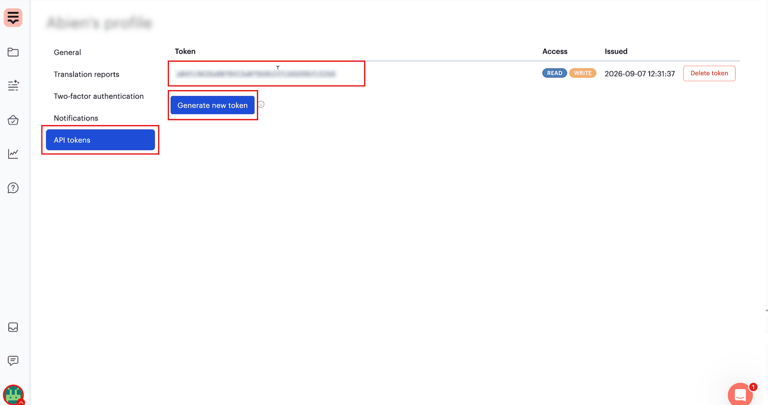 API tokens tab of a Lokalise profile with the tab, the token, and the Generate new token button highlighted
