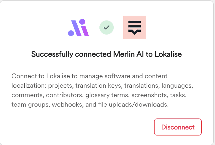 Window confirming that Merlin AI is connected to Lokalise