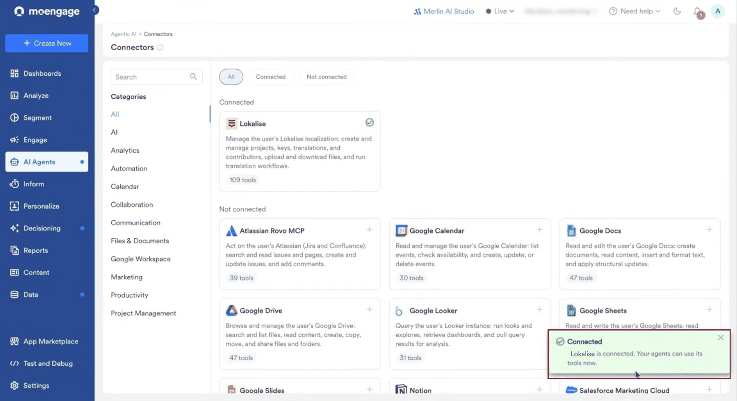 Connectors page with a message confirming that Lokalise is connected