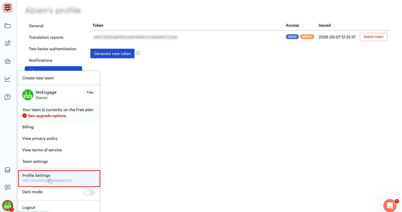 Lokalise account menu with Profile Settings highlighted