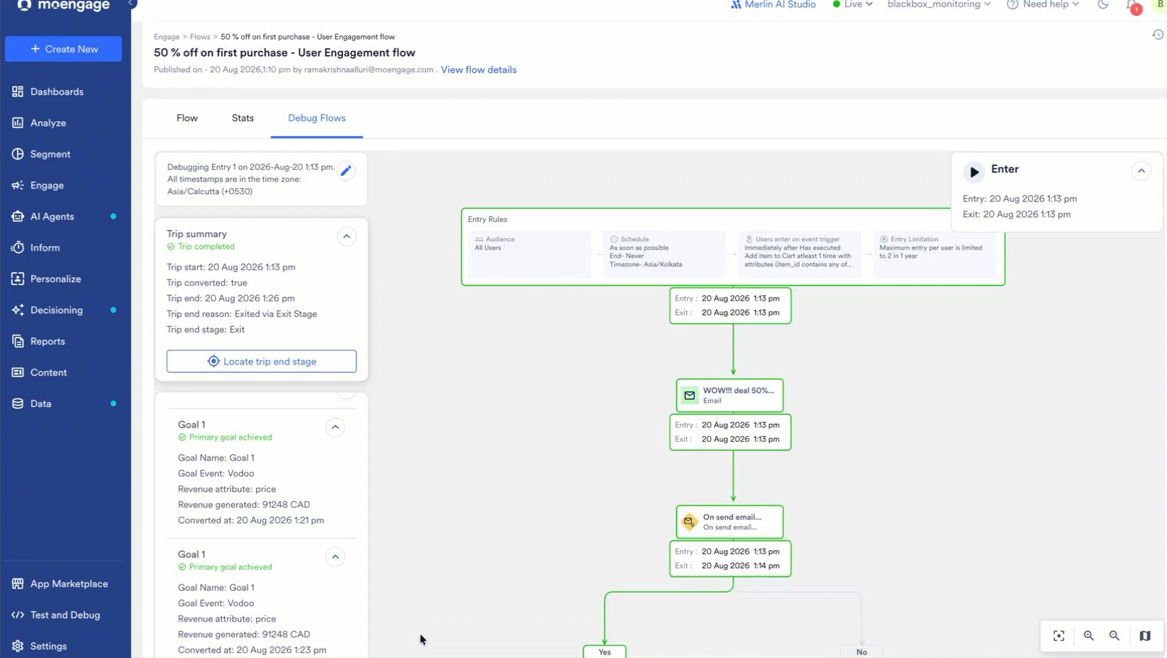 The Conversion events section showing when the user achieved the flow conversion goals