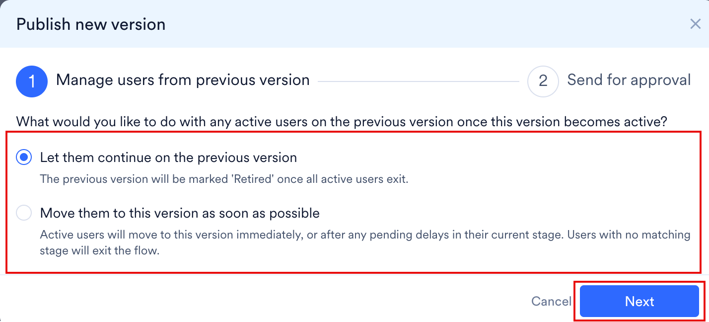 2 つのオプションと Next ボタンを示す Manage users from previous version ステップ