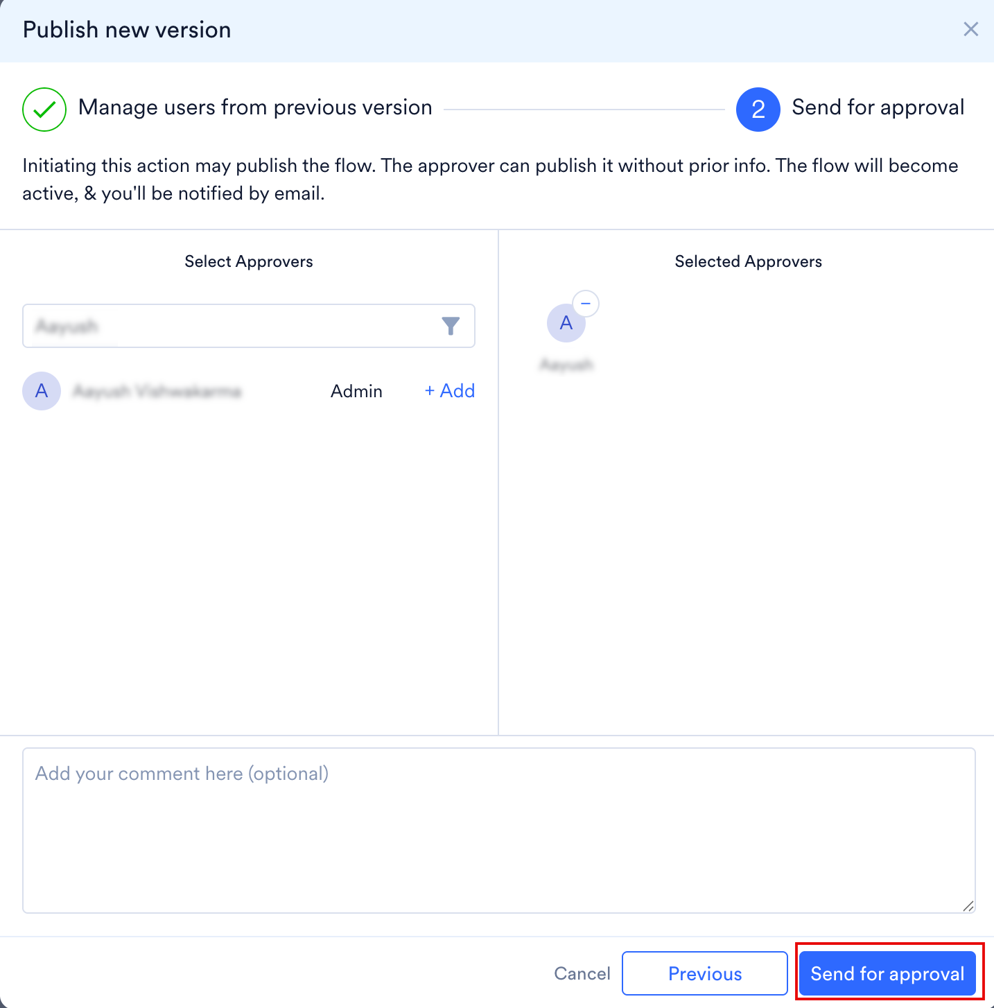 承認者が追加され、Send for approval ボタンが使用可能な Send for approval ステップ