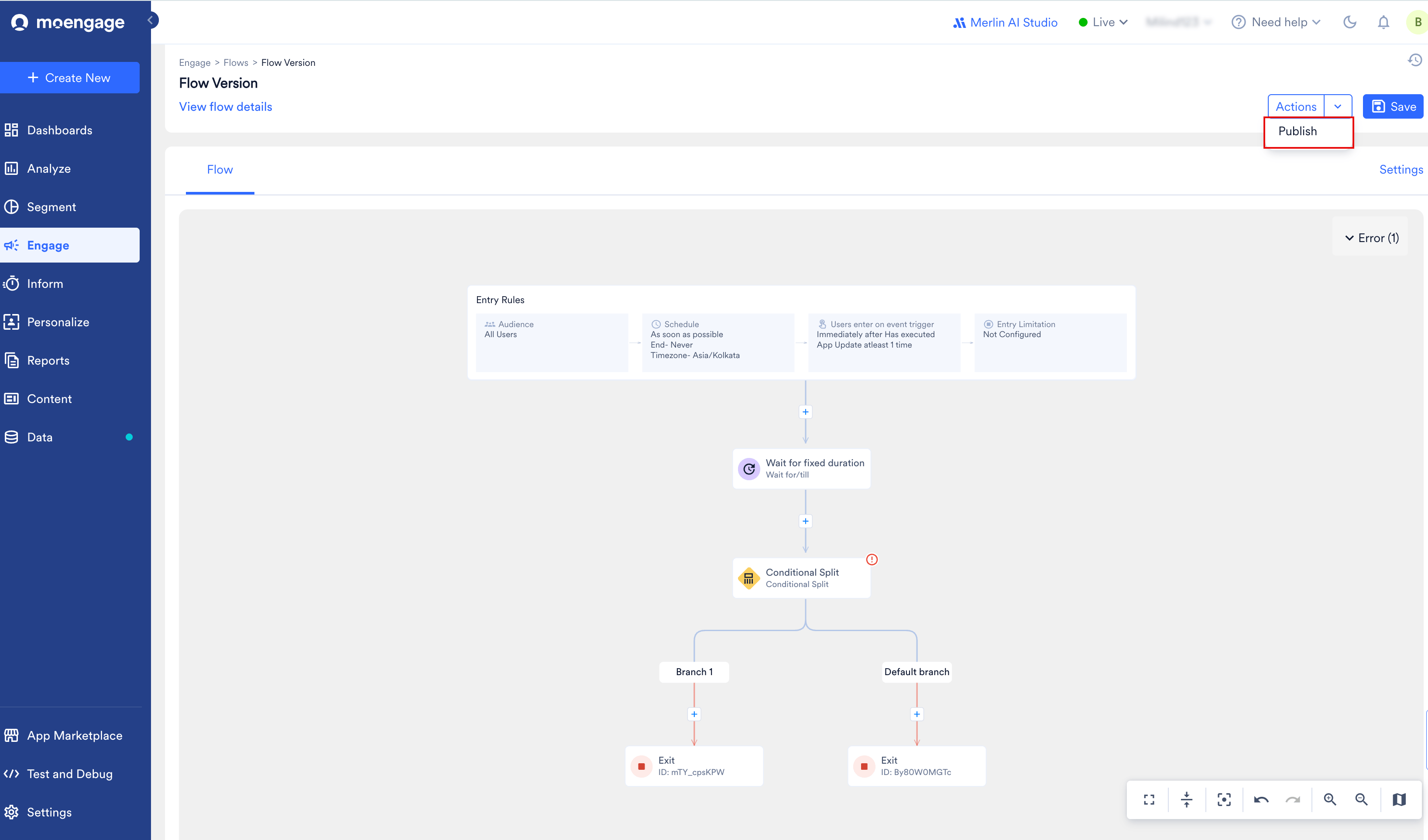Actions メニューが開き、Publish オプションが強調表示されたフローキャンバス