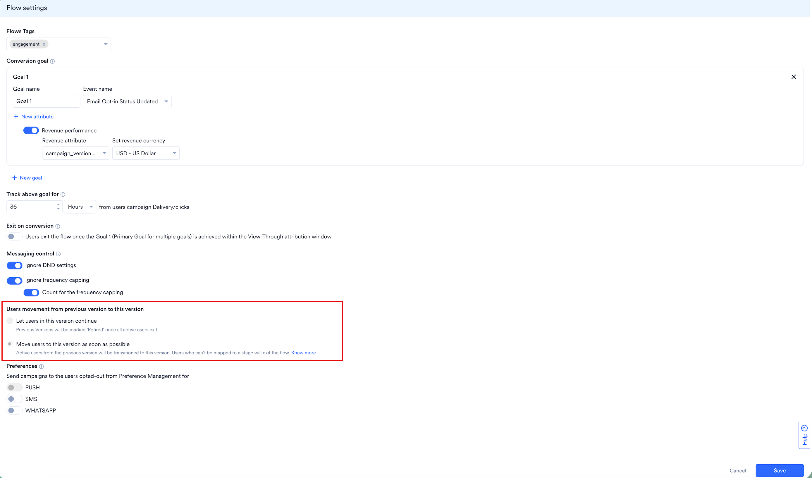 Users movement from previous version to this version オプションが読み取り専用状態で表示された Flow Settings パネル