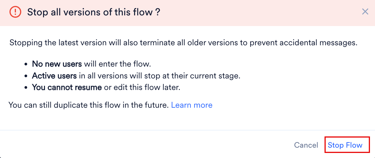 フローを停止したときに起こることを一覧表示する Stop all versions of this flow ダイアログボックス