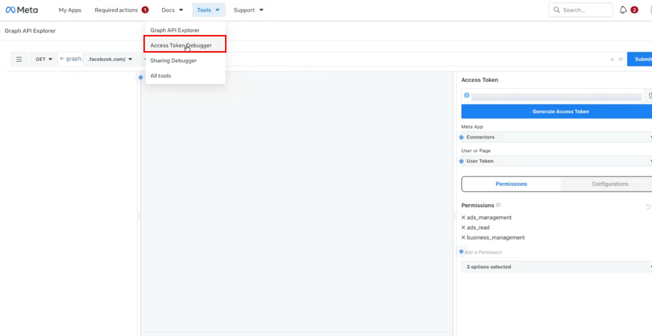 Graph API Explorer with the business_management permission selected and the Generate Access Token button
