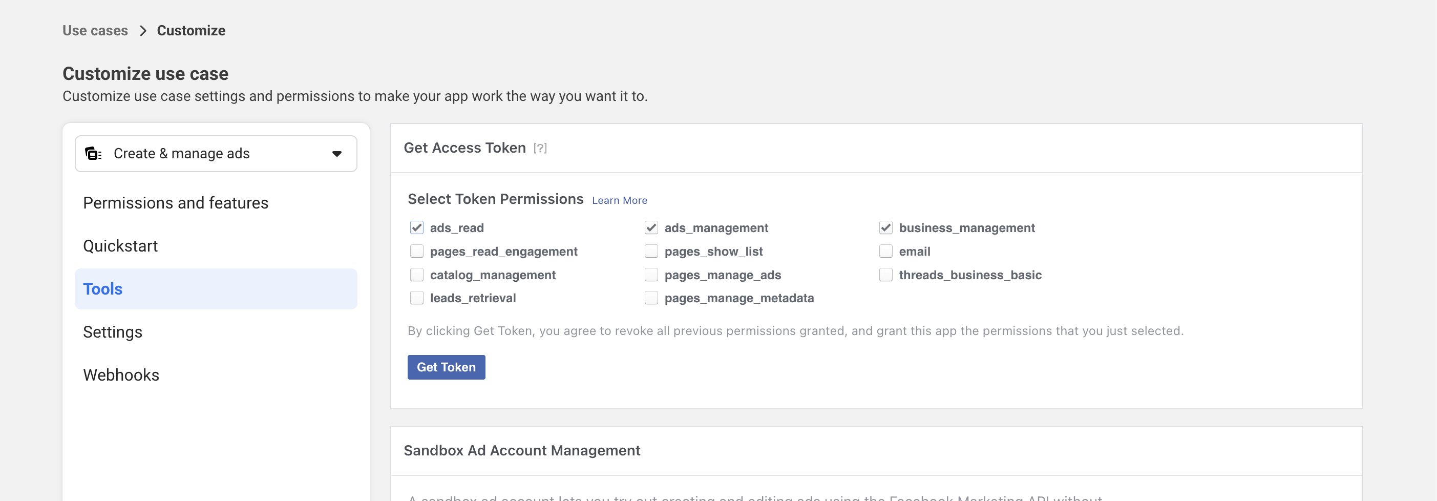 Customize use case Tools tab with ads_read, ads_management, and business_management selected under Select Token Permissions and the Get Token button