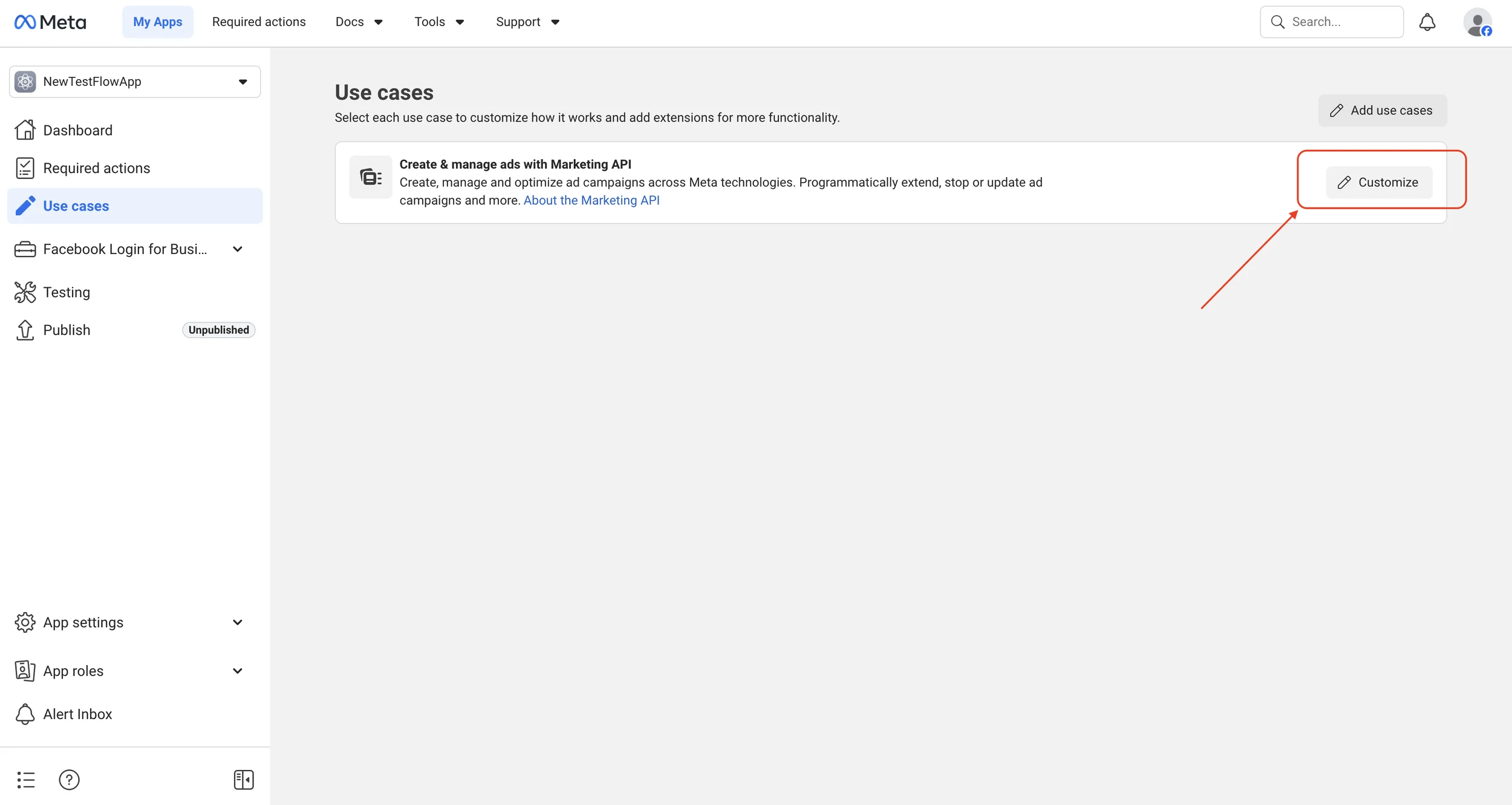 Use cases page with the Customize button for Create and manage ads with Marketing API