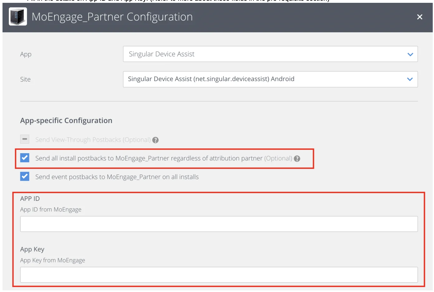 MoEngage partner configuration with postback checkboxes enabled in Singular