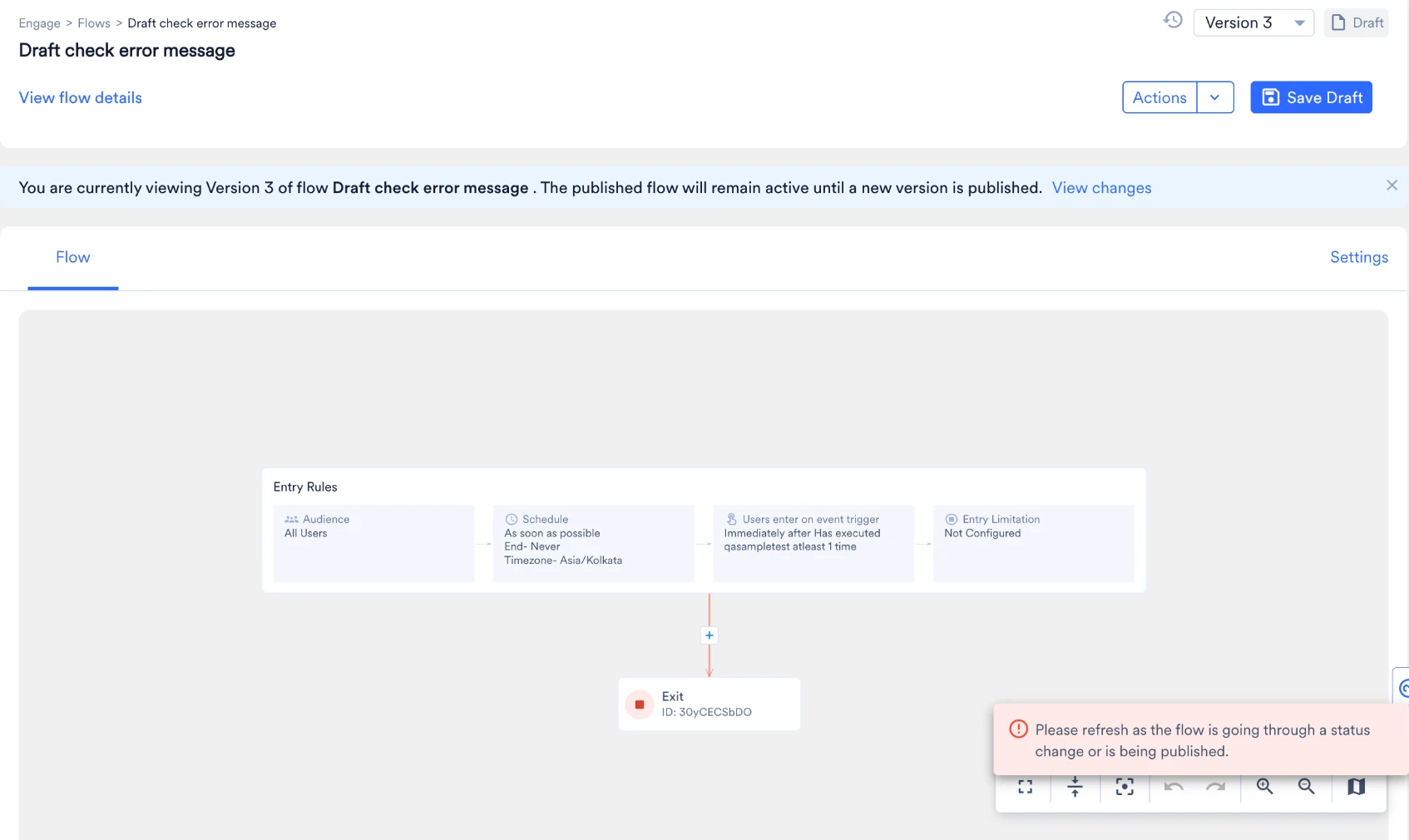 Flow canvas for a draft version showing the error message: Please refresh as the flow is going through a status change or is being published.