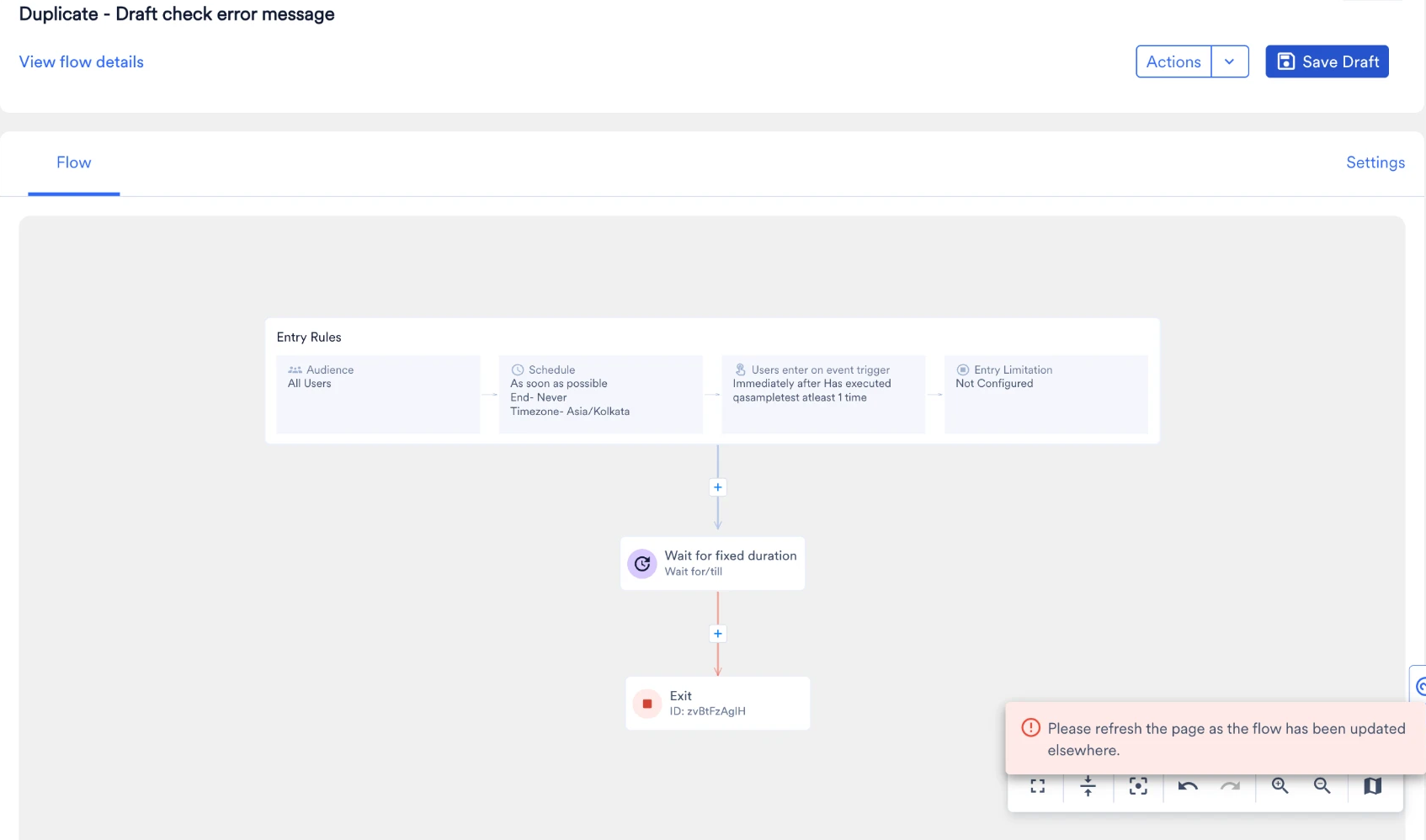 Flow canvas showing the error message: Please refresh the page as the flow has been updated elsewhere.
