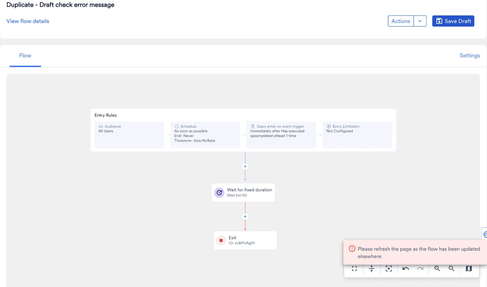 Flow canvas showing the error message: Please refresh the page as the flow has been updated elsewhere.