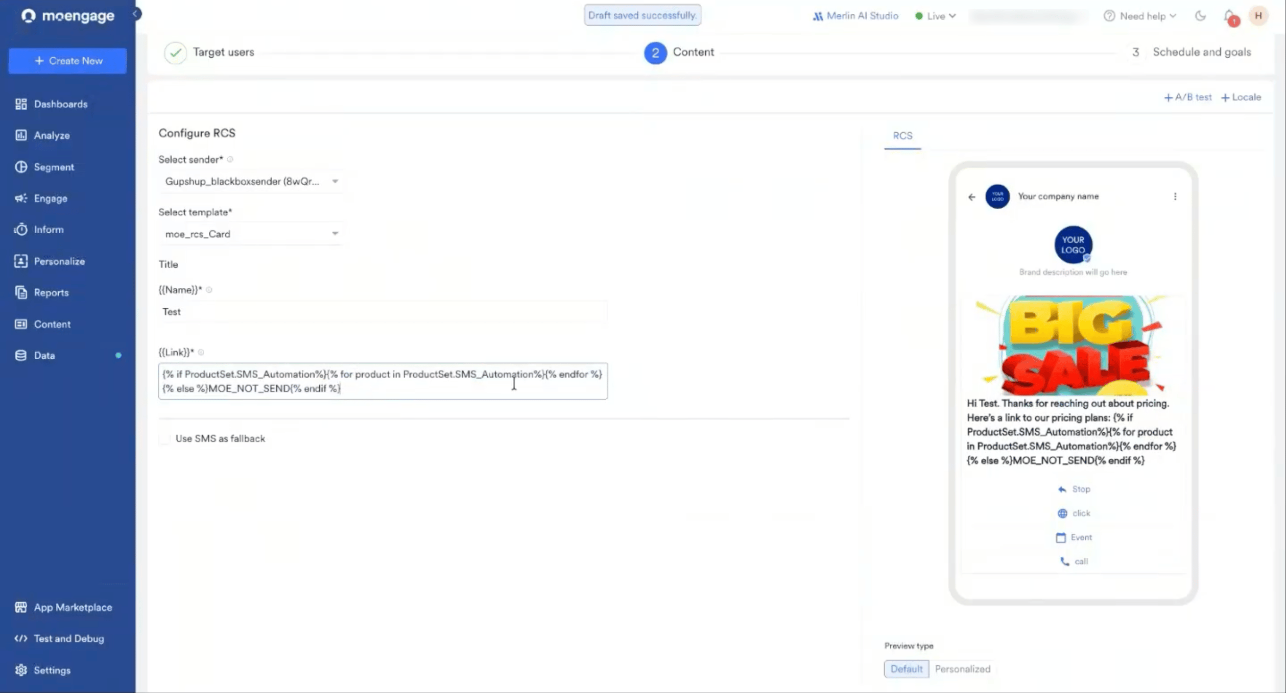 The Configure RCS panel showing the Select sender and Select template lists and the template placeholder fields