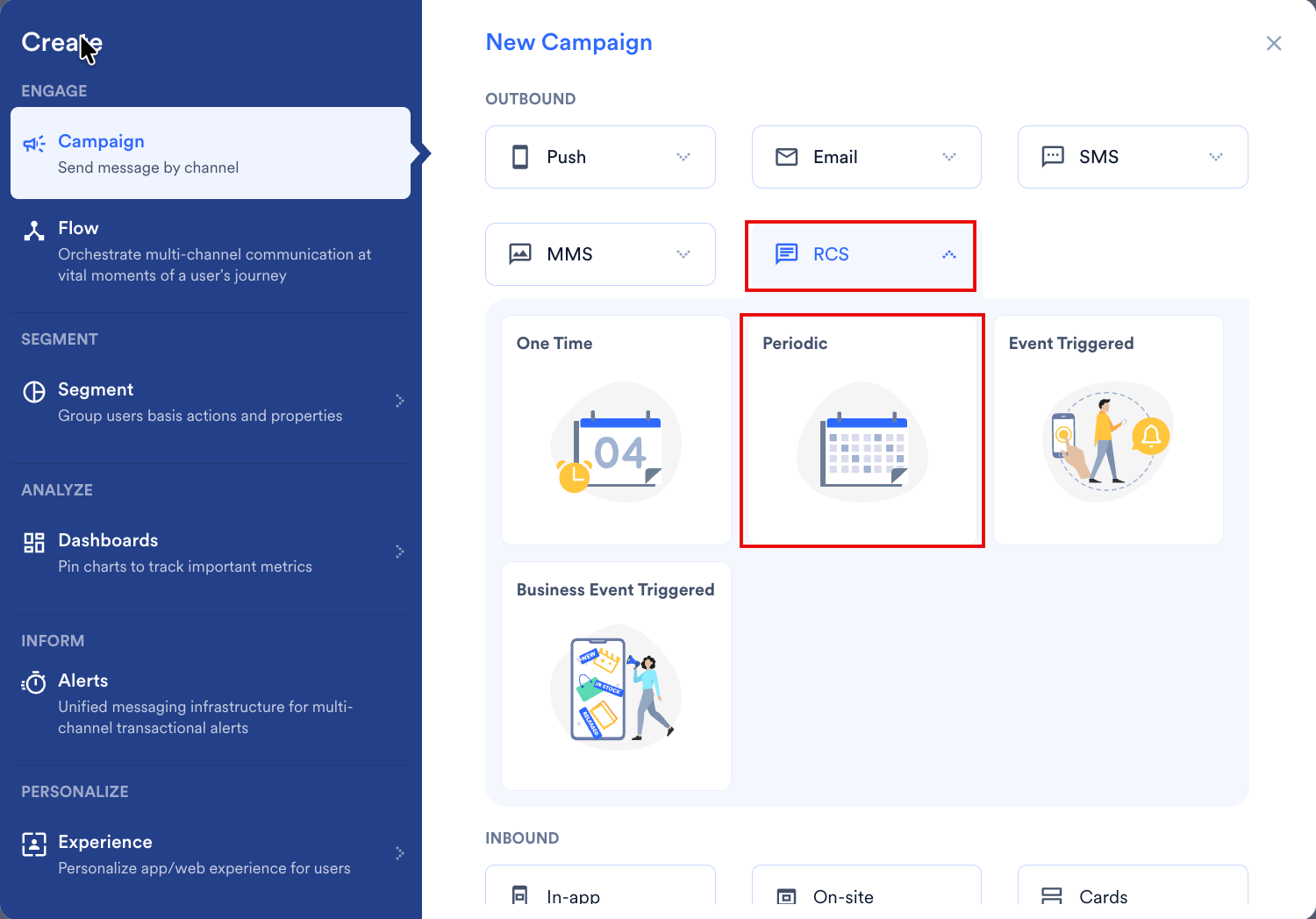The New Campaign dialog box with RCS selected under Outbound and the Periodic delivery type