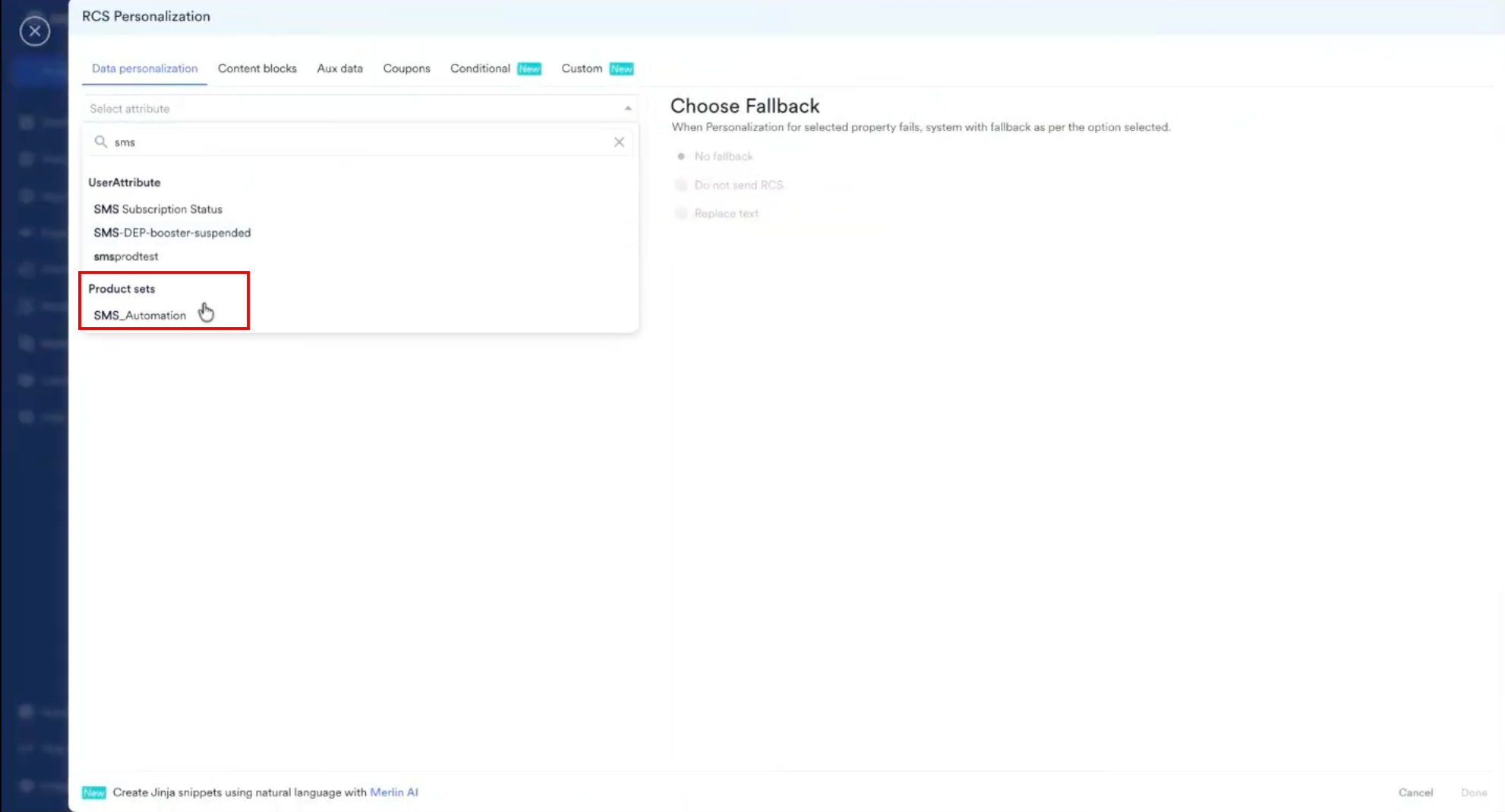 The RCS Personalization window showing the Data personalization tab, the Select attribute list, and the Choose Fallback options