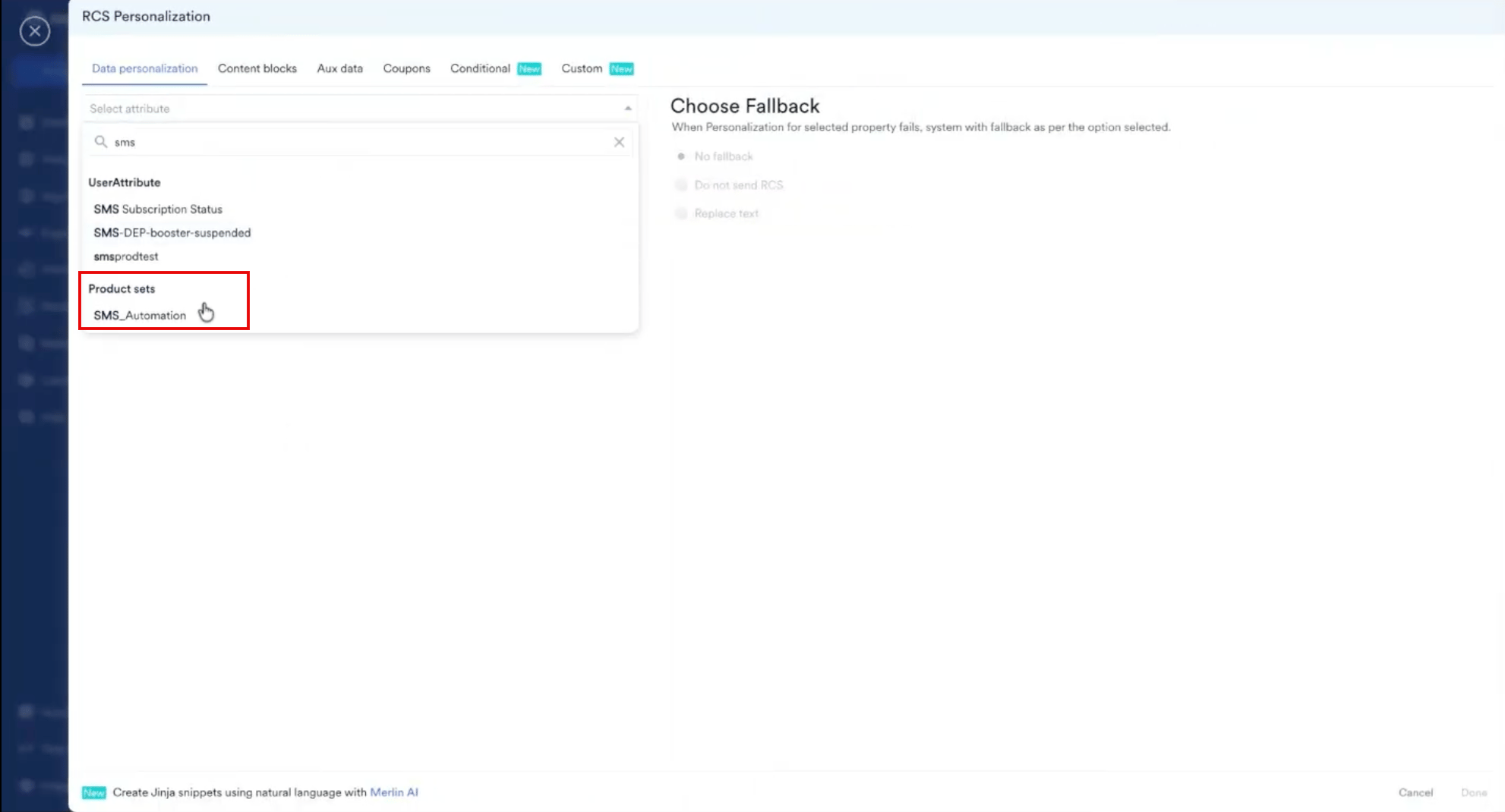 The RCS Personalization window showing the Data personalization tab, the Select attribute list, and the Choose Fallback options