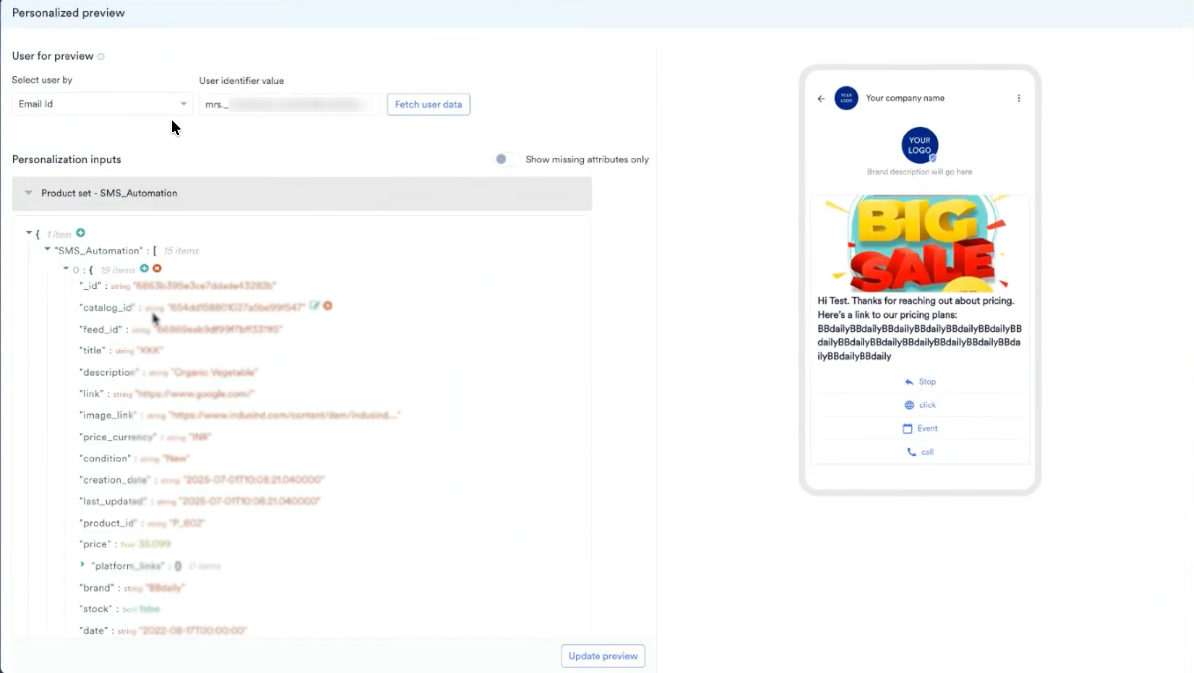 The Personalized preview slide-out showing the product set JSON and the rendered RCS message