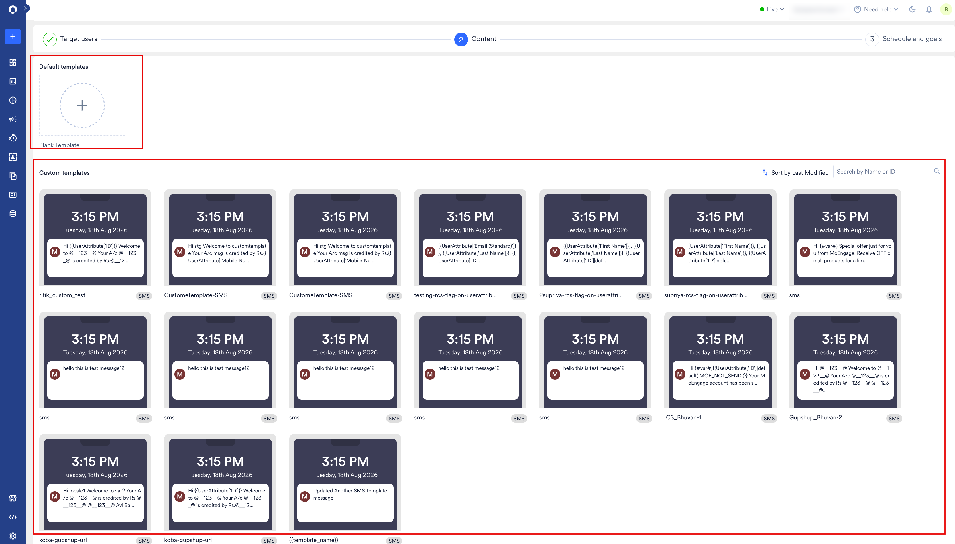 The Content tab showing the Blank Template option and the Custom templates list