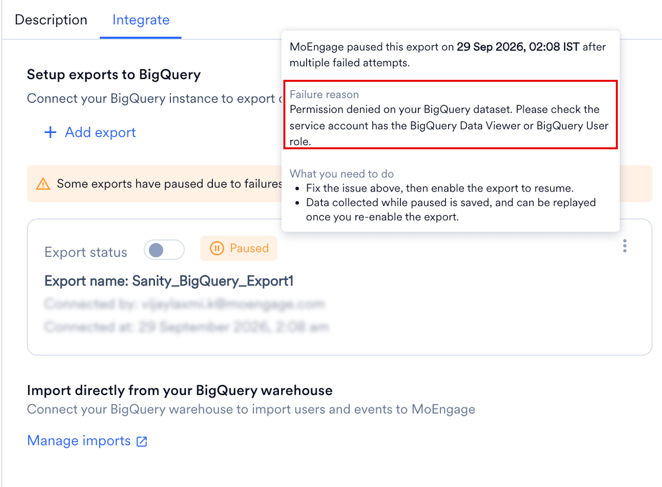 The Paused label hover on the Integrate tab, showing the failure reason and what you need to do